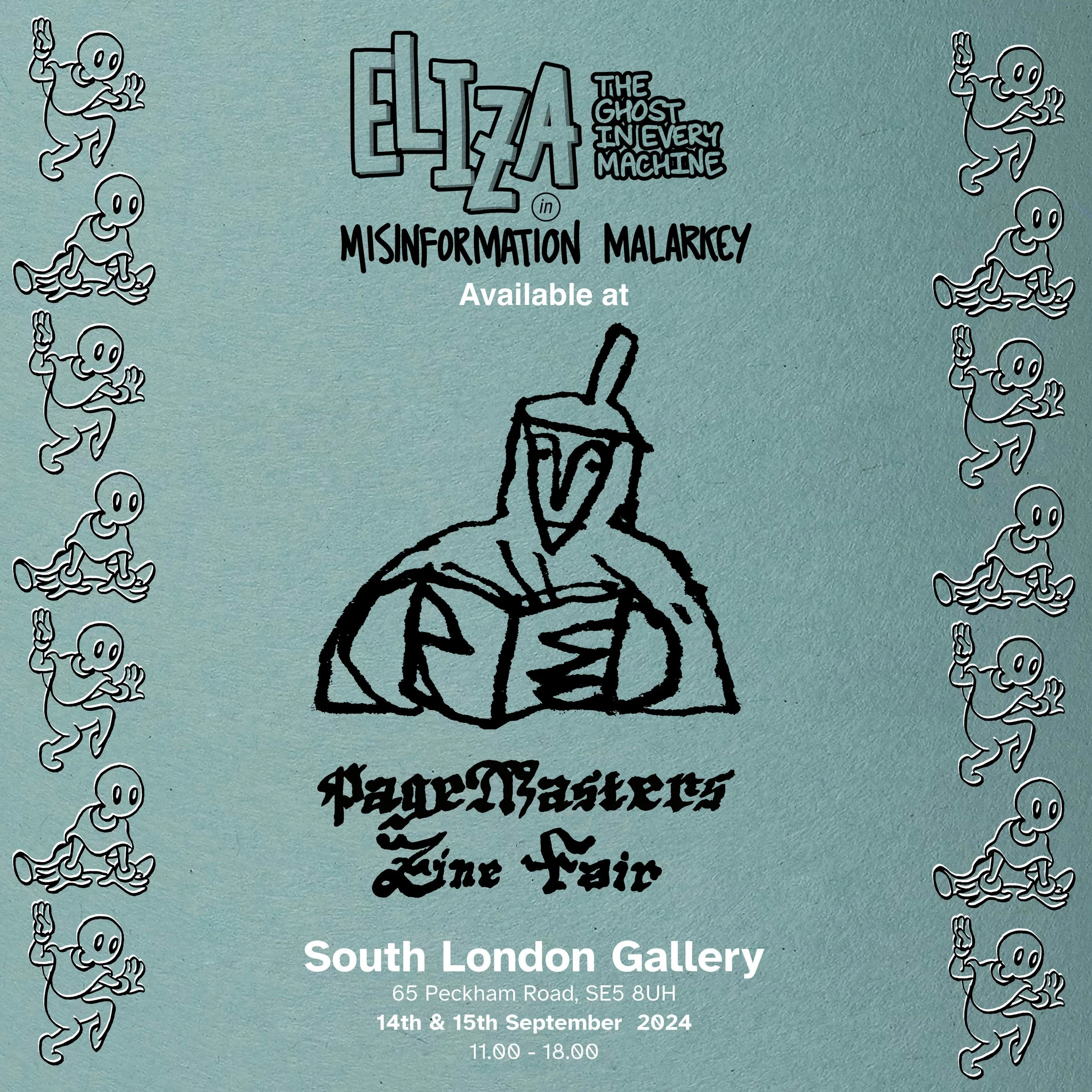 Poster for Page-Makers Live Fair featuring Eliza, the ghost in every machine, with artwork and event details, and cartoon ghost characters lining the sides.