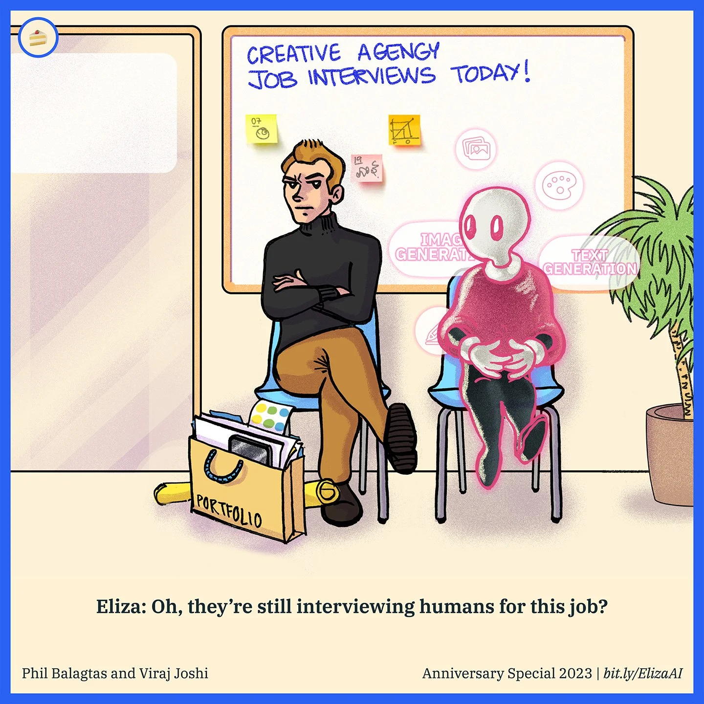 Comic illustration of a human and an AI robot waiting for a job interview in an office. The human has crossed arms and a serious expression, with a portfolio and papers at their feet. The AI robot has a holographic pink outline and is sitting with ha