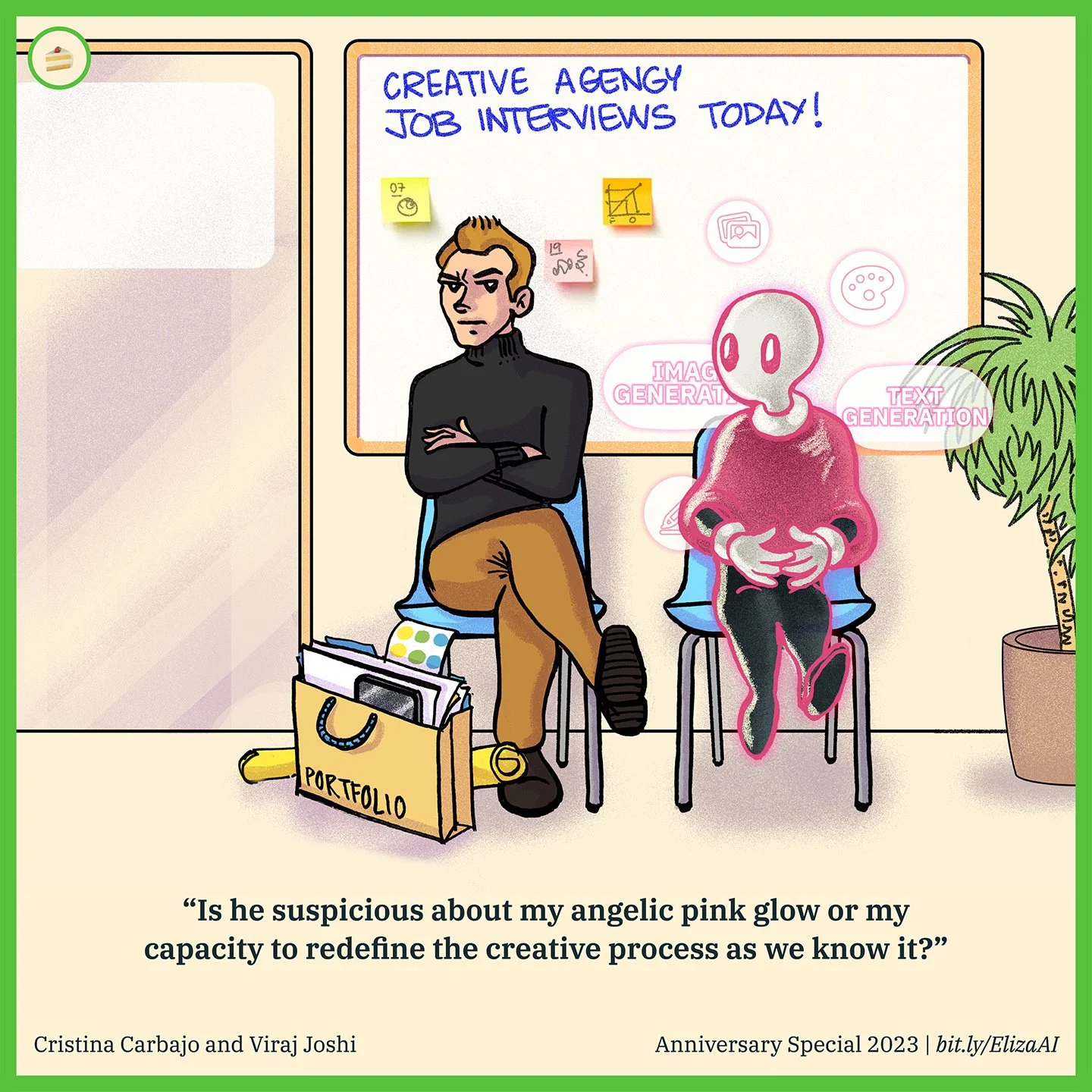 A cartoon scene of two people sitting in a creative agency office during a job interview, with a whiteboard behind them labeled 'Creative Agency Job Interviews Today!' and colorful sticky notes. One person appears angry with crossed arms, and the oth