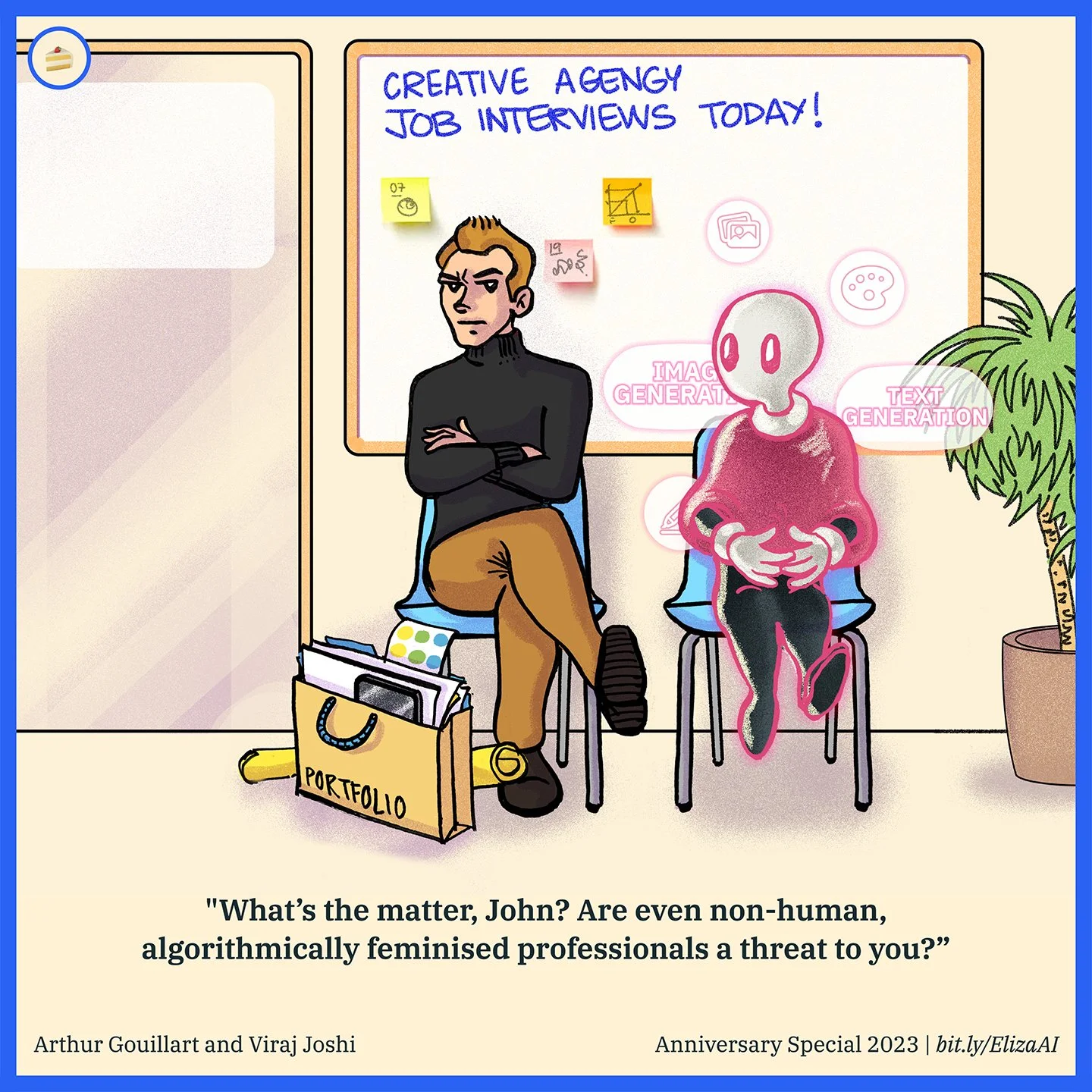 Two people sitting in a waiting room during a job interview for a creative agency. One person has crossed arms, and the other person appears as a pink, translucent robot with digital labels for 'image generation' and 'text generation.' The room has a