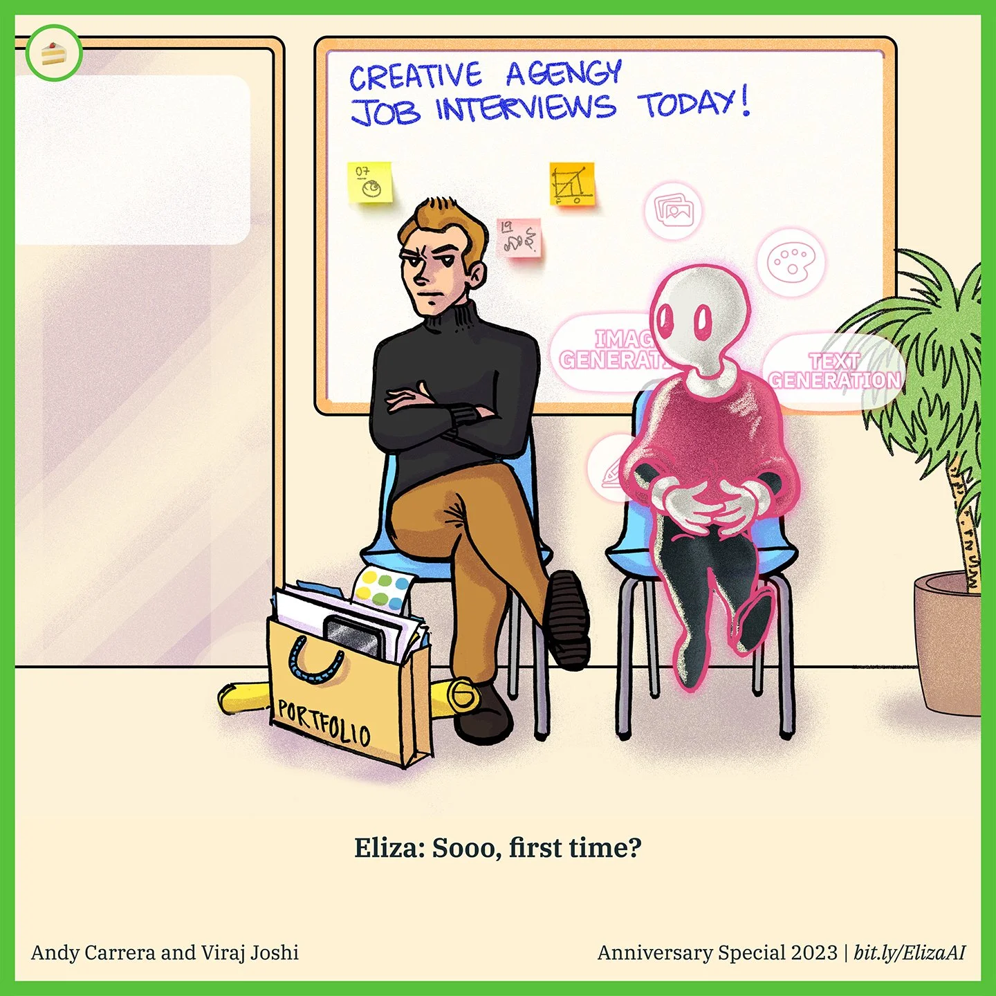 A cartoon illustration depicts a job interview scene with two characters seated on chairs. A man in a black turtleneck and brown pants is crossing his arms, looking serious. Next to him is a humanoid AI robot with a glowing pink outline, sitting with