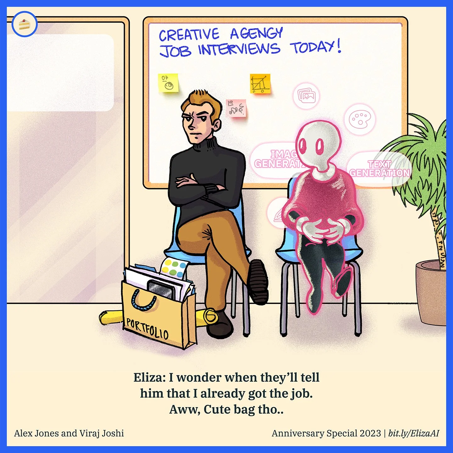 Cartoon of a man and a robot sitting in an office waiting area, with a organized setup including a portfolio bag, sticky notes on the wall about creative agency job interviews, and a potted plant; the man looks frustrated, and the robot appears to be