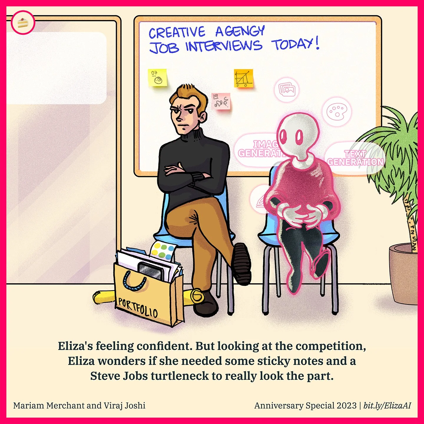 Illustration of two people sitting in a waiting room with a bulletin board behind them. One person appears confident, and the other is a faceless, glowing figure labeled as a chatbot. The image has sticky notes, a portfolio bag, and a plant. The text