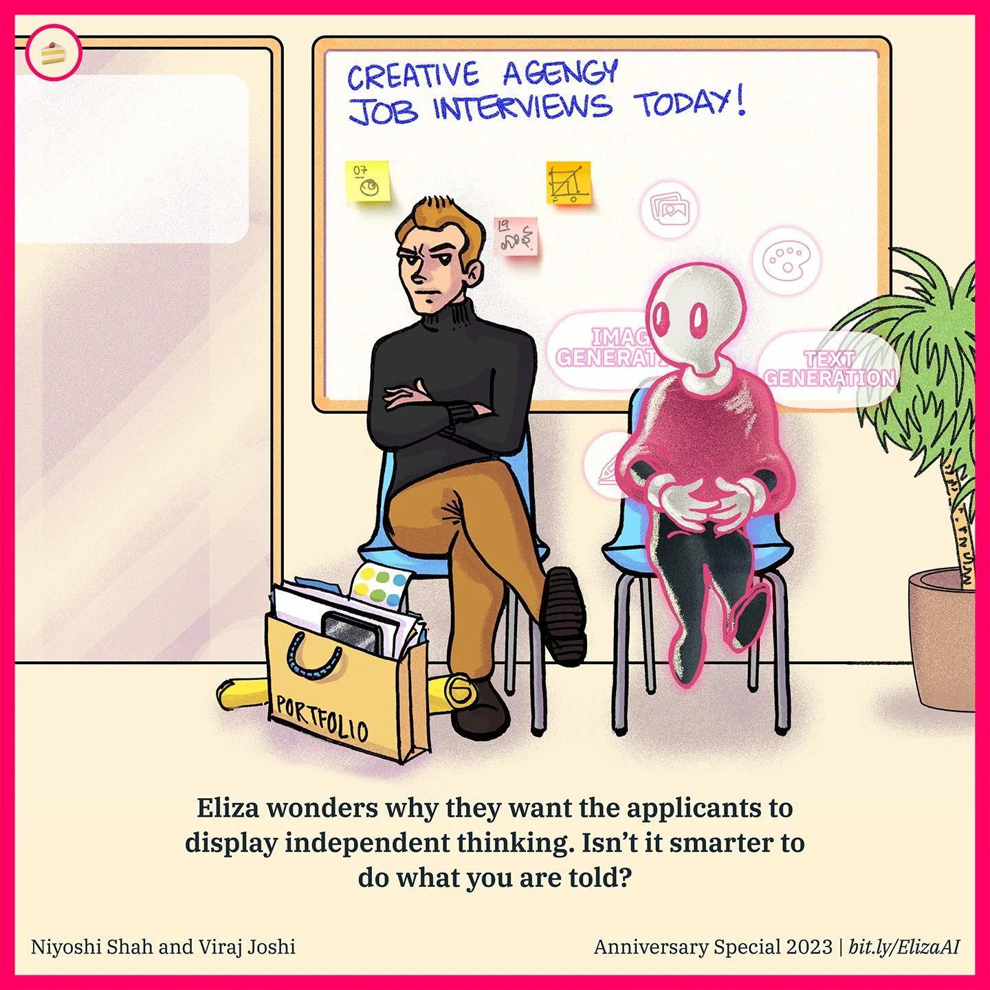 Cartoon of two individuals waiting for job interviews in a creative agency. One appears to be a human male, sitting with arms crossed and crossed legs, with a portfolio bag on the floor. The other is a pink, humanoid robot with a digital interface of