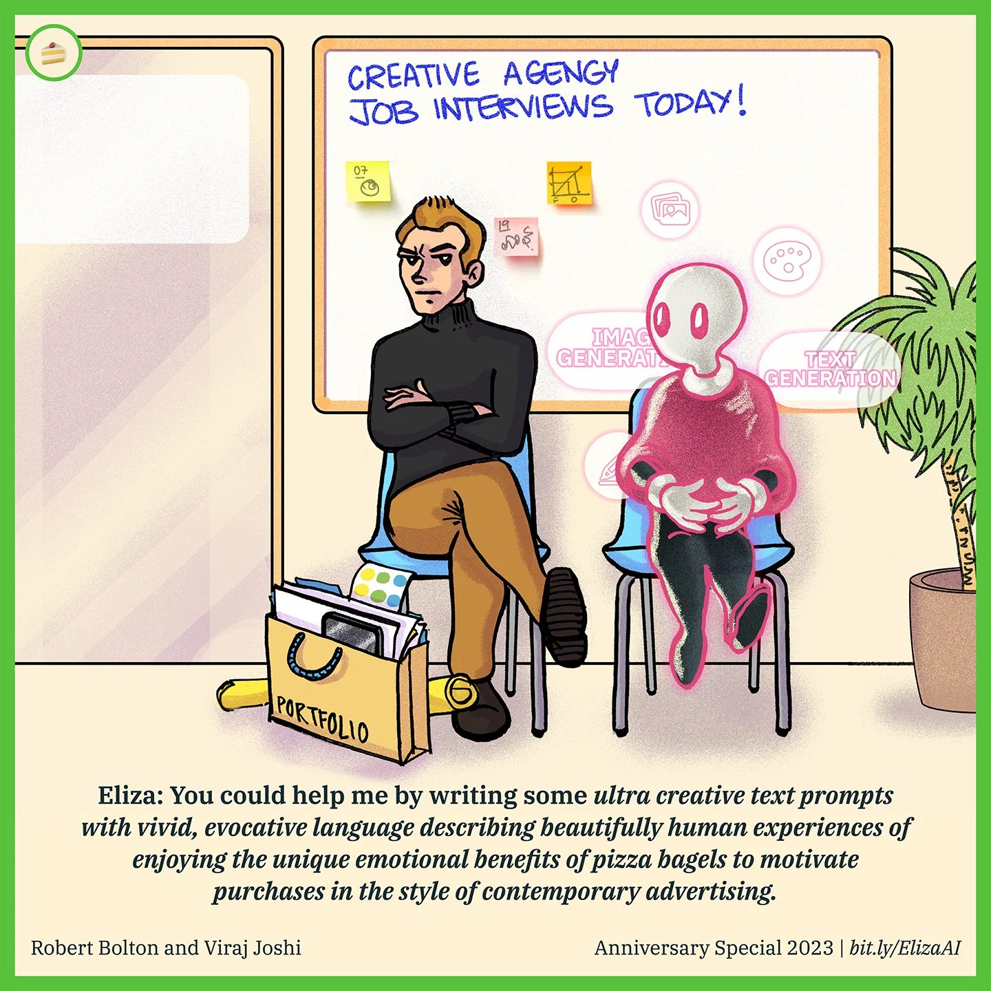 A cartoon illustration of a job interview scene with a human and a humanoid robot. The human appears confident with arms crossed, sitting on a chair with a portfolio bag and papers on the floor. The robot is sitting with hands clasped. In the backgro