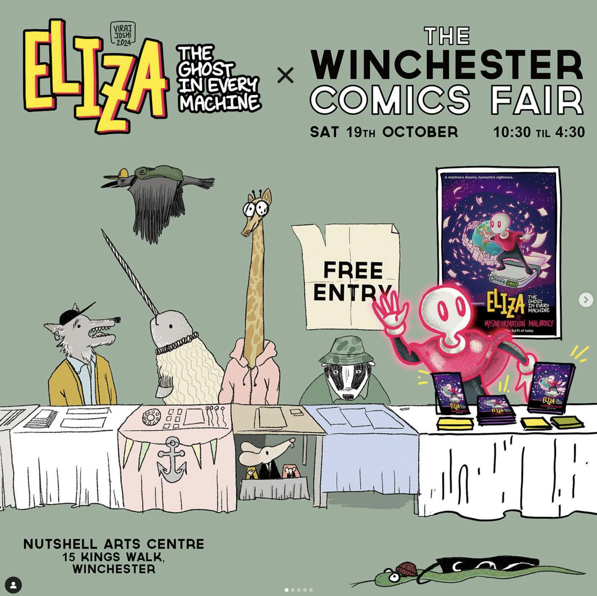 An illustration of a booth at the Winchester Comics Fair featuring characters and merchandise related to Eliza, the Ghost in Every Machine, with a sign that says "Free Entry" and the event details at Nutshell Arts Centre in Winchester.