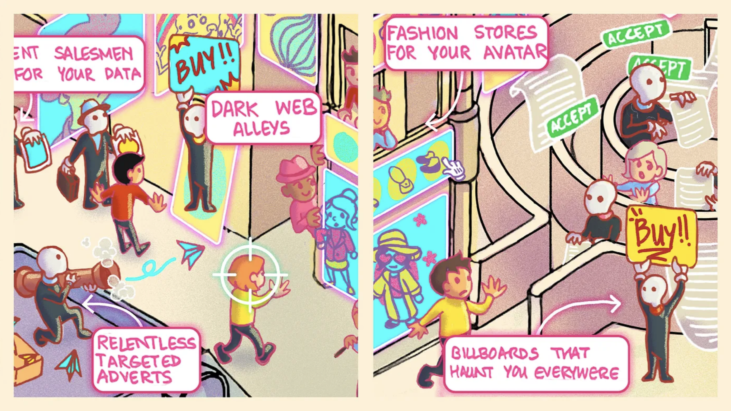 A colorful illustration depicting online advertising techniques, including targeted ads for fashion and dark web alley ads, digital billboard ads, and people engaging with digital content, with speech bubbles highlighting methods like data sales, targeting, and haunting billboards.