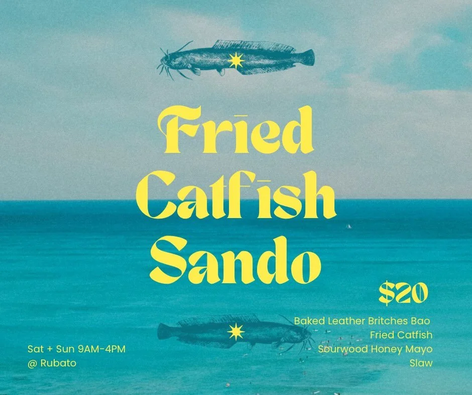 🚨 WEEKEND SPECIAL 🚨 
FRIED CATFISH SANDO
-leather britches baked bao
- fried catfish 
- sourwood honey mayo 
- slaw
Available in store and online 
First come first serve 
Sat + Sun 9AM-4PM 
$20