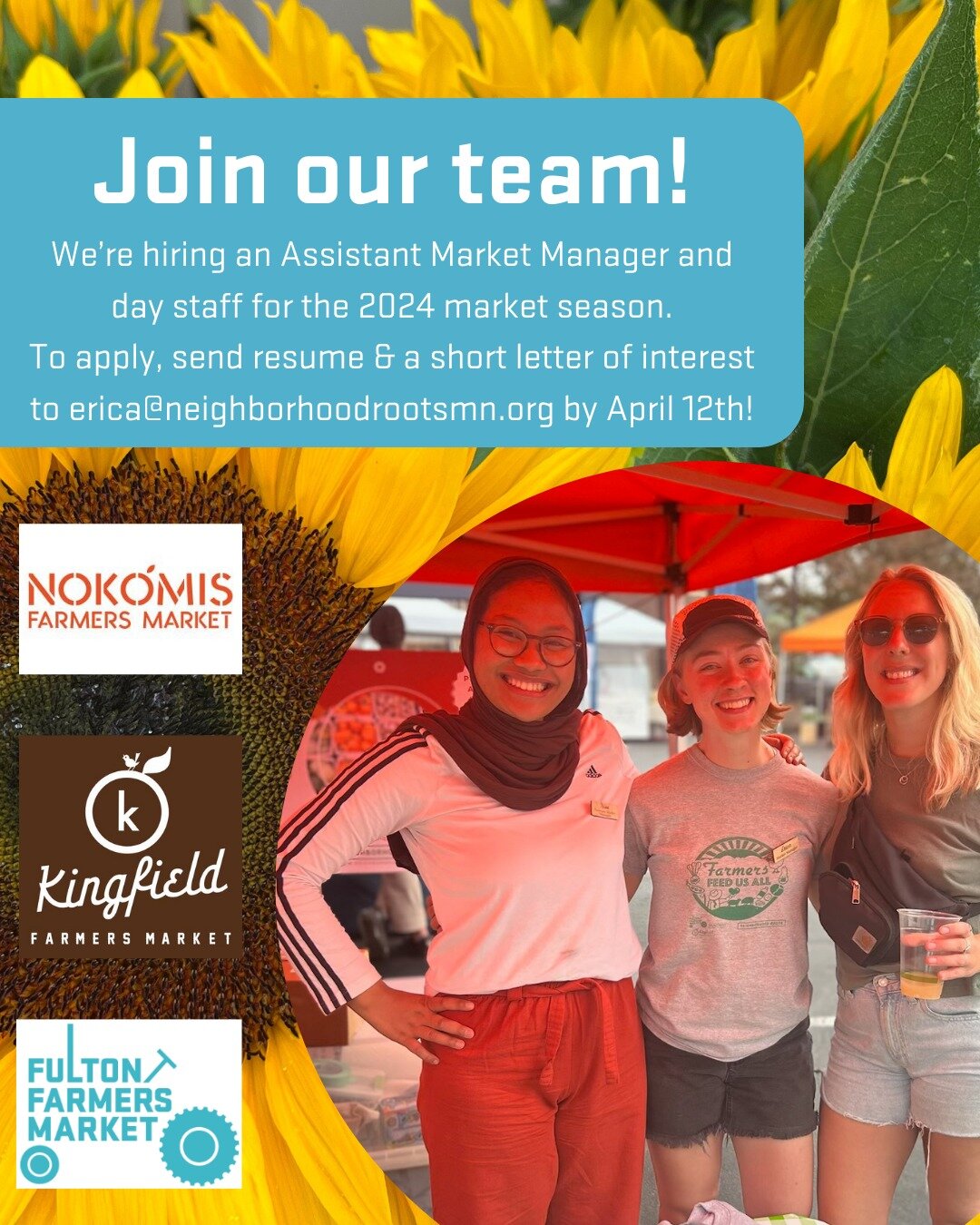 🌻 Neighborhood Roots is GROWING and we want YOU to join our team!
We're searching for passionate individuals to fill the roles of Assistant Market Manager and Day Staff for the 2024 market season at Fulton, Kingfield, and Nokomis Farmers Markets in 