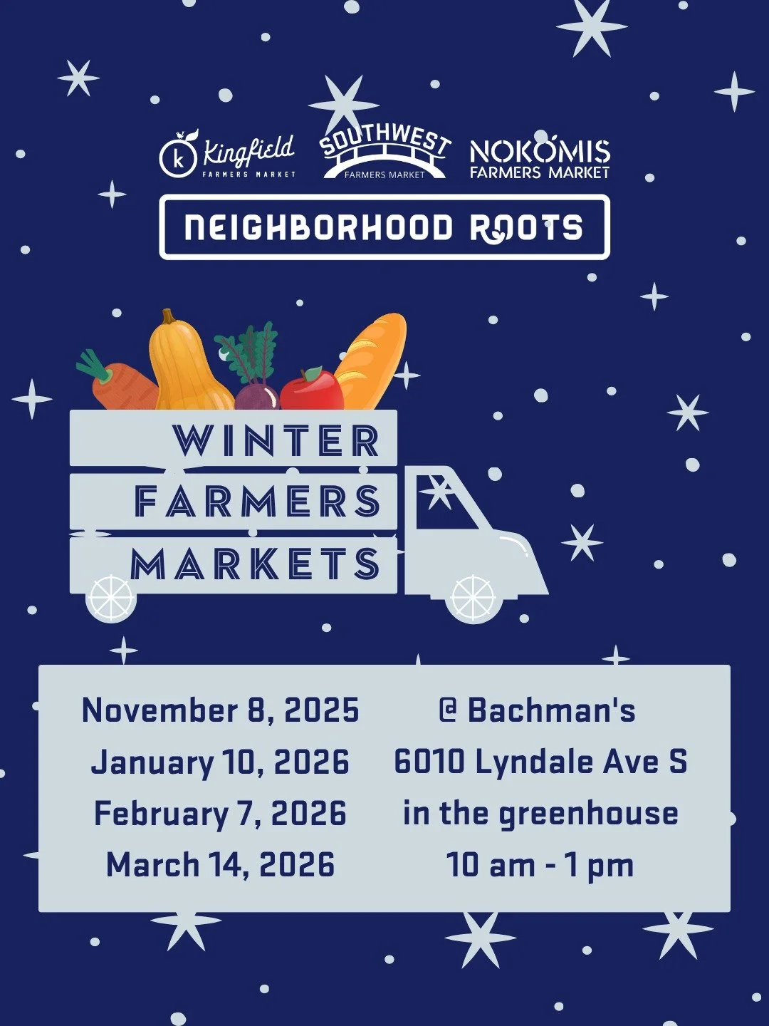 As our outdoor market season wraps up, the local goodness keeps going. Join us inside the cozy Bachman&rsquo;s greenhouse for our Winter Markets &mdash; a warm spot to shop local produce, handmade goods, and see your favorite vendors.

10 AM to 1 PM 