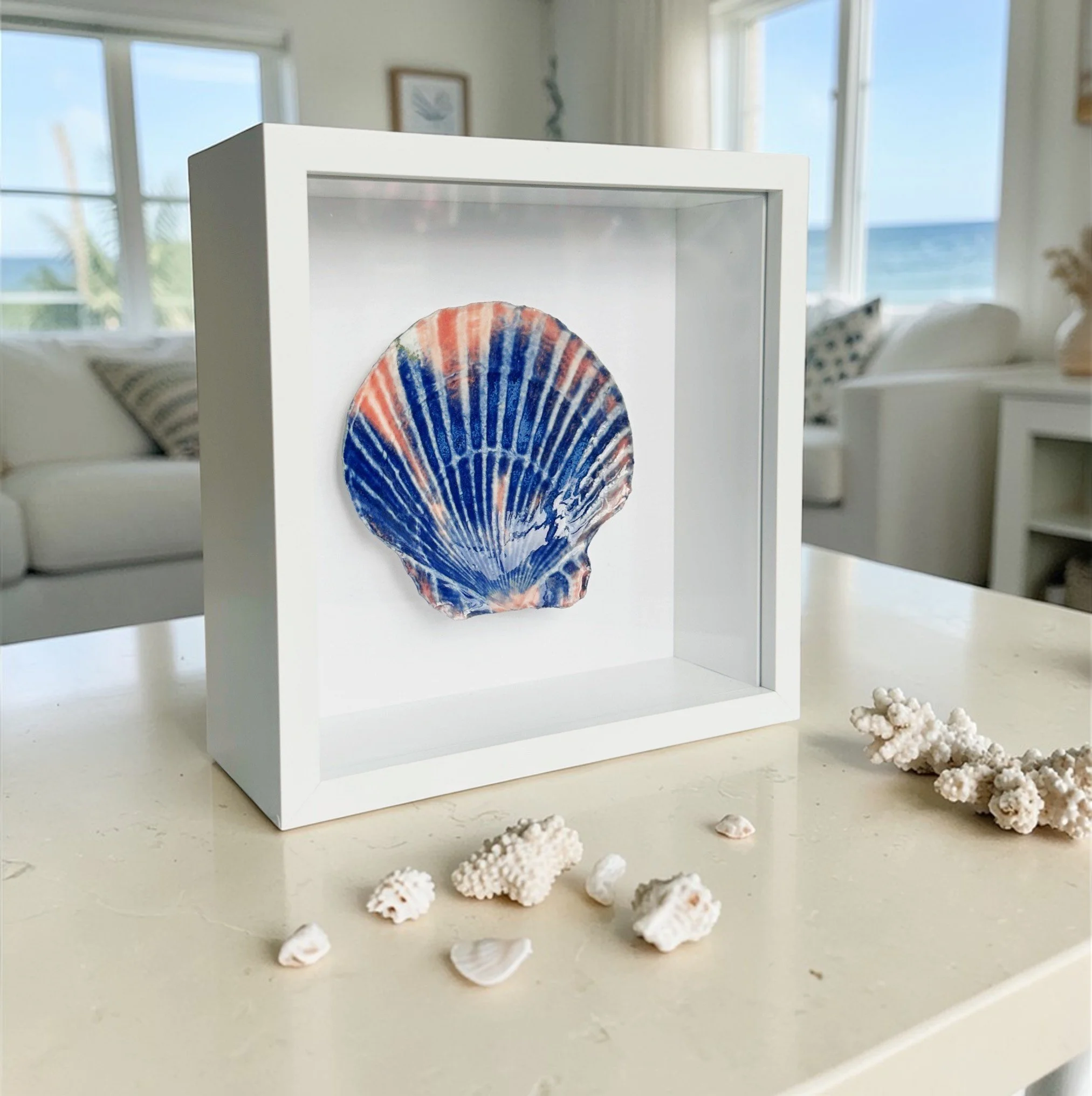 Framed Porcelain Shell Art – Handcrafted Beach Art for Elegant Coastal Wall Decor