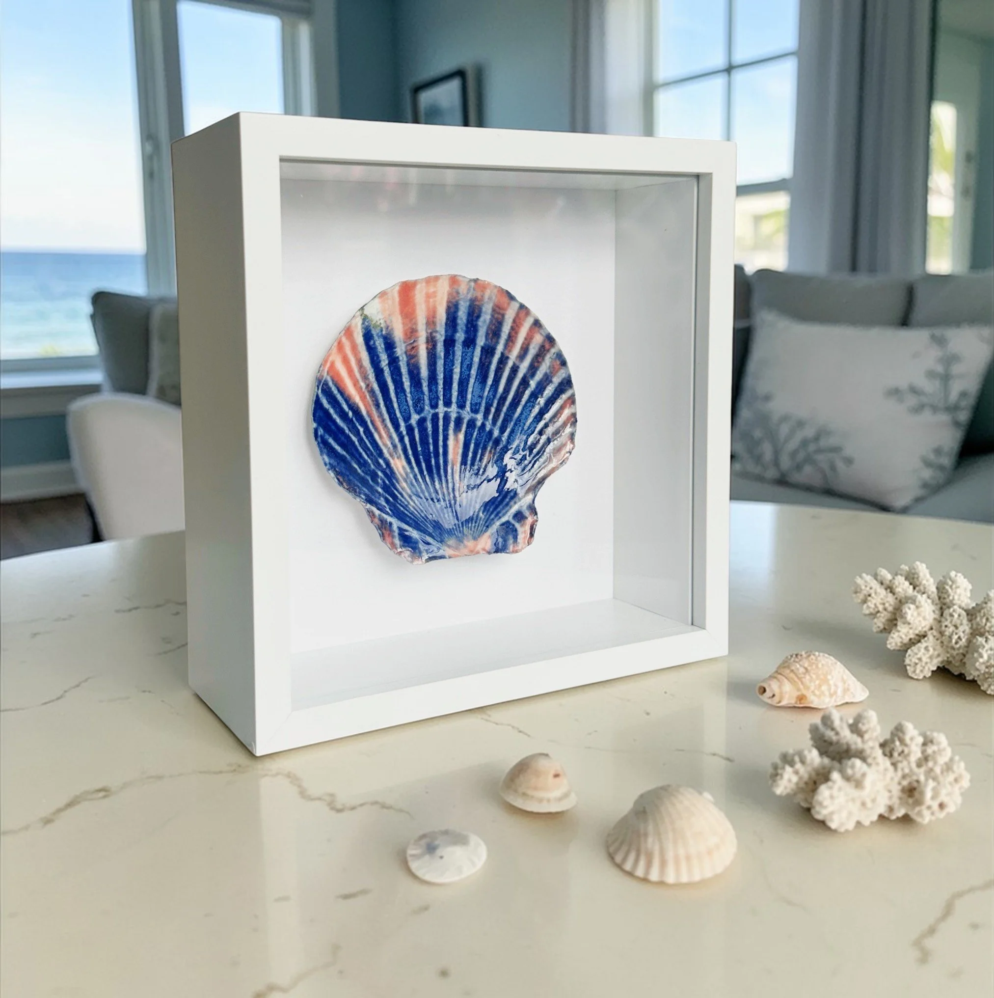 Framed Porcelain Shell Art – Handcrafted Beach Art for Elegant Coastal Wall Decor