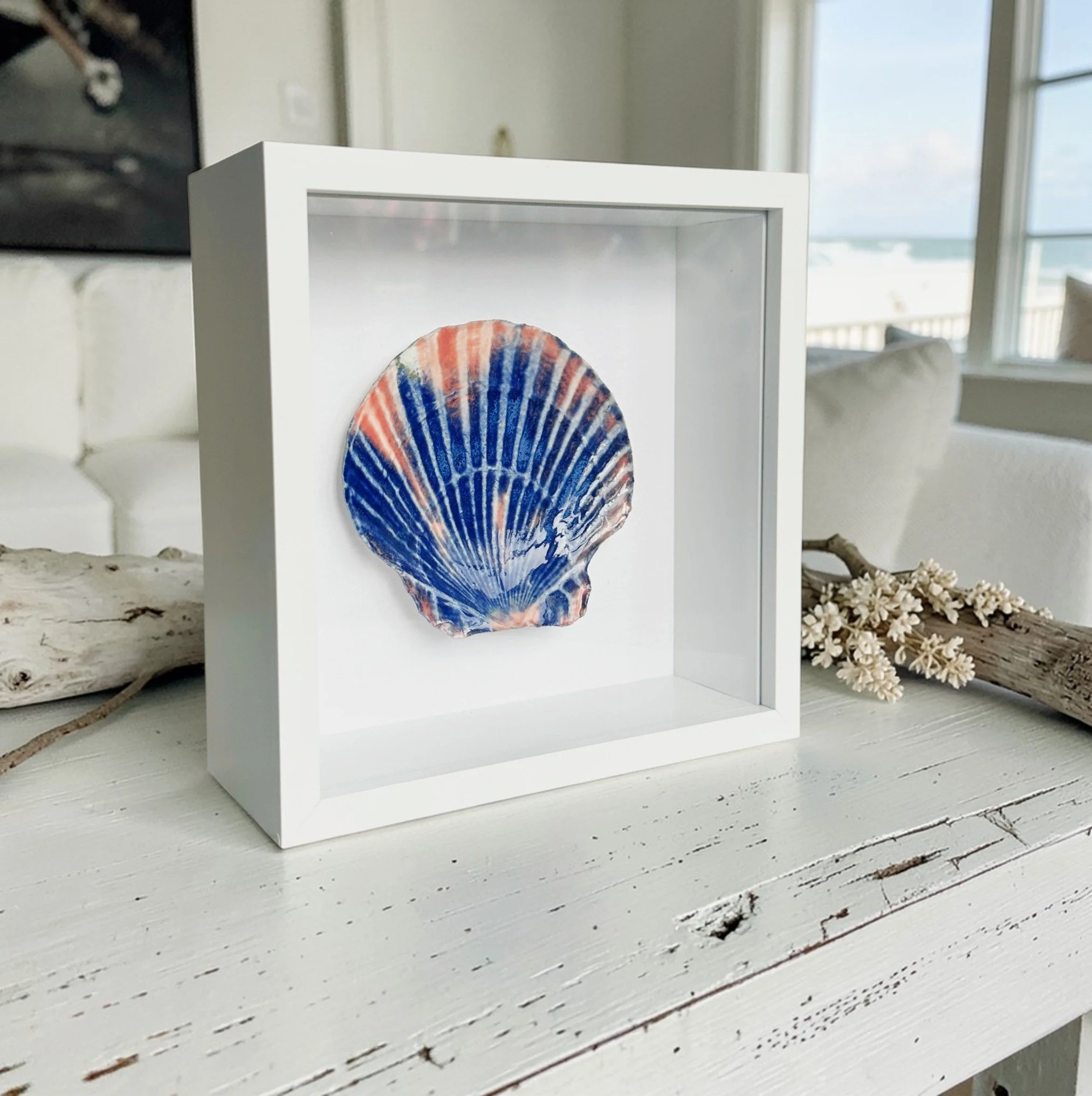 Framed Porcelain Shell Art – Handcrafted Beach Art for Elegant Coastal Wall Decor