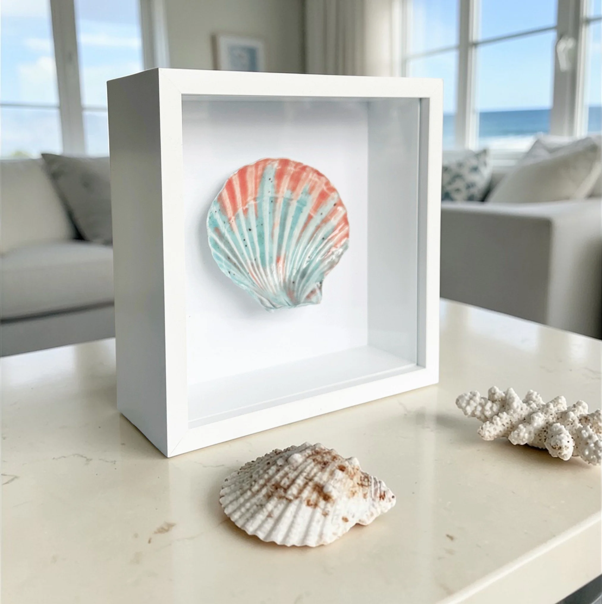 Beach Art – Handmade Porcelain Shell Art Framed Coastal Wall Art Inspired by the Sea