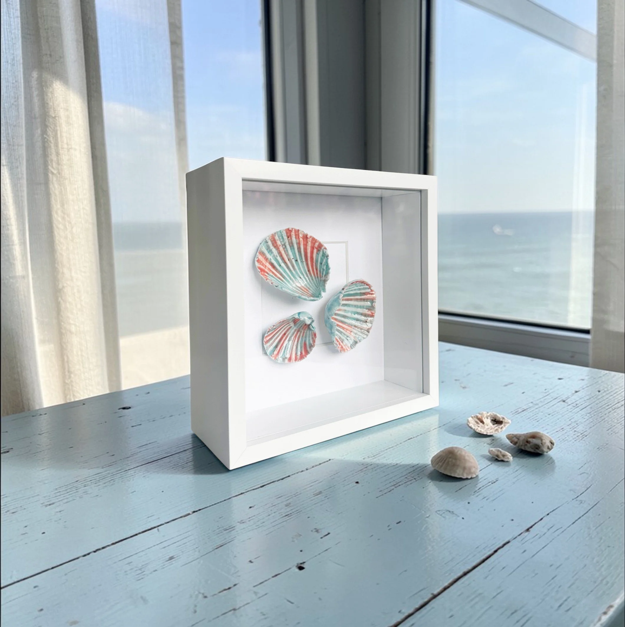 Luxury Coastal Wall Art – Handcrafted Porcelain Shell Beach Art in Framed Coastal Decor