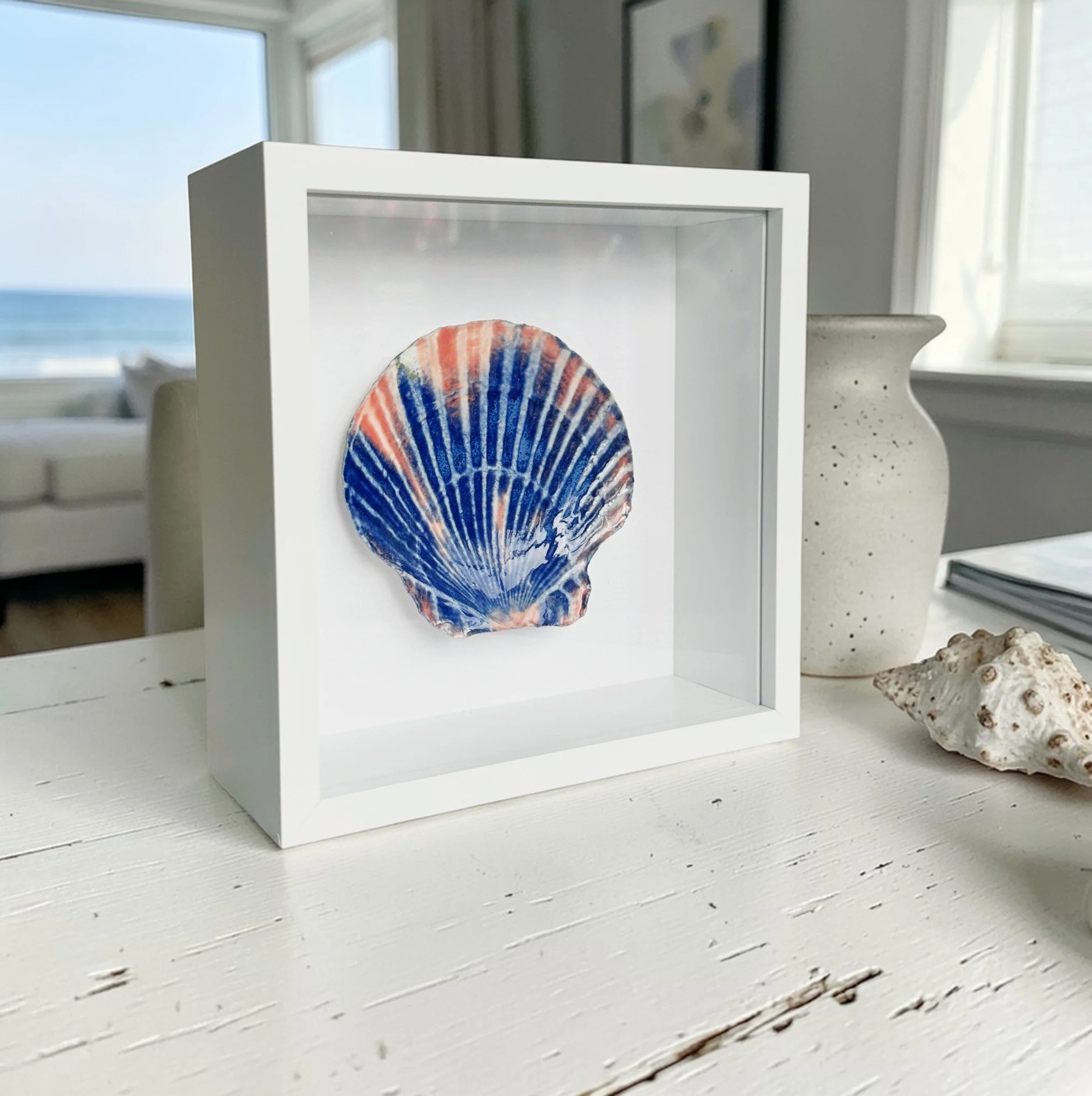 Framed Porcelain Shell Art – Handcrafted Beach Art for Elegant Coastal Wall Decor