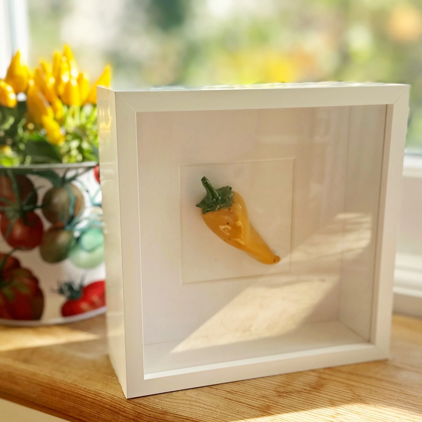 Ceramic yellow chilli. Food artwork. Handmade ceramic vegetables for kitchen wall art.