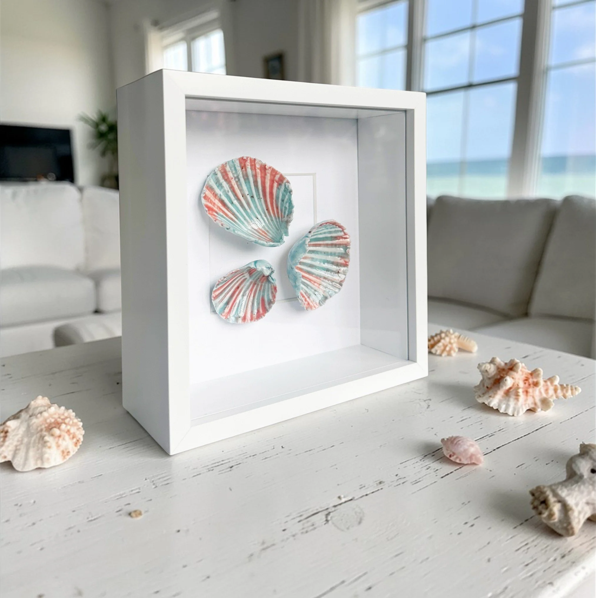 Luxury Coastal Wall Art – Handcrafted Porcelain Shell Beach Art in Framed Coastal Decor