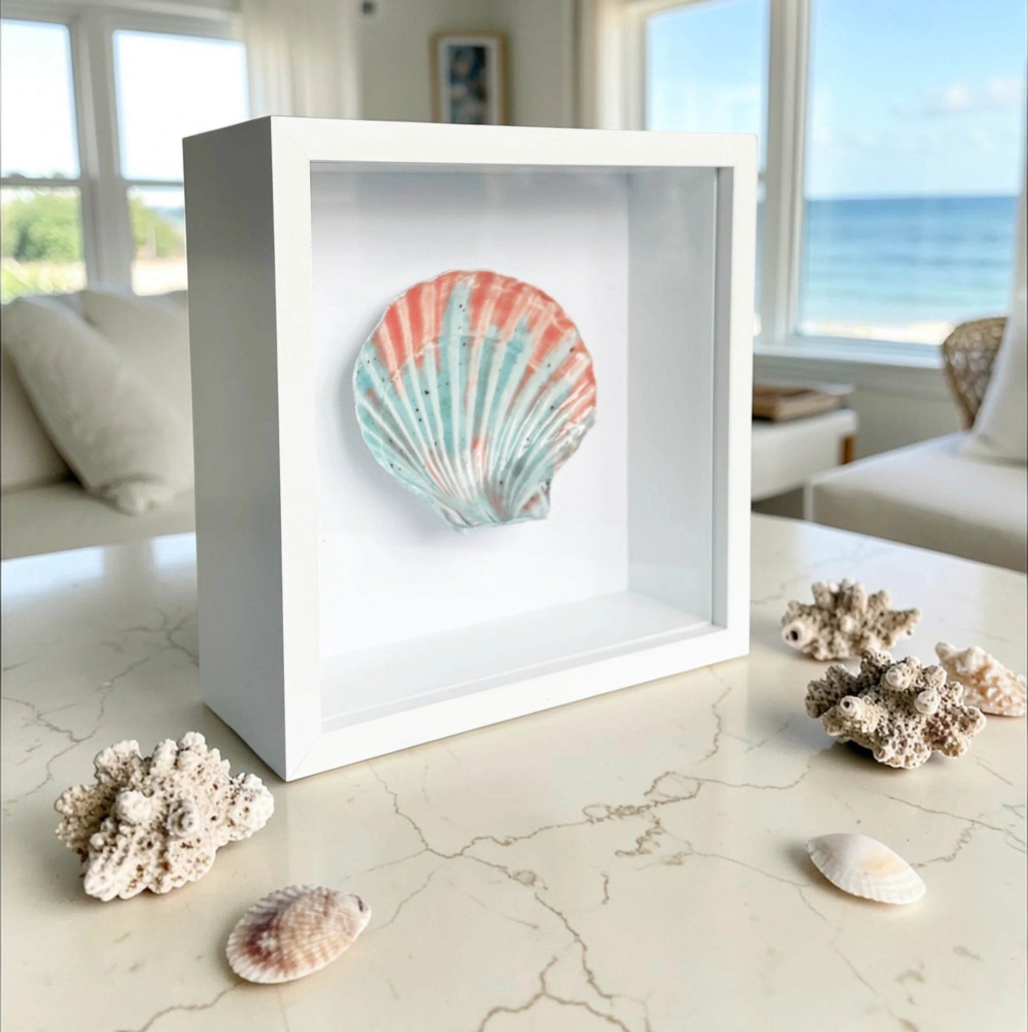 Beach Art – Handmade Porcelain Shell Art Framed Coastal Wall Art Inspired by the Sea