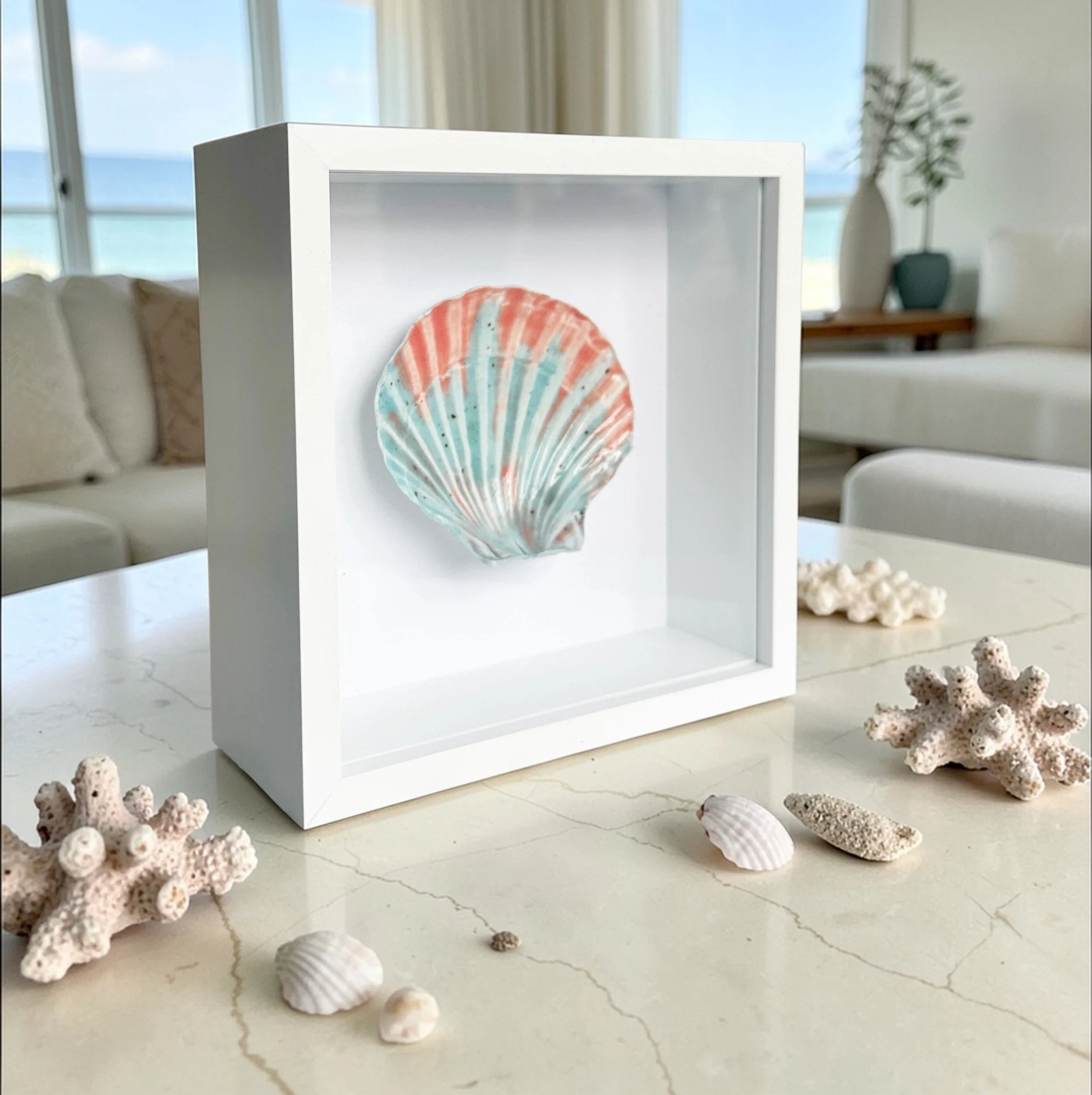 Beach Art – Handmade Porcelain Shell Art Framed Coastal Wall Art Inspired by the Sea