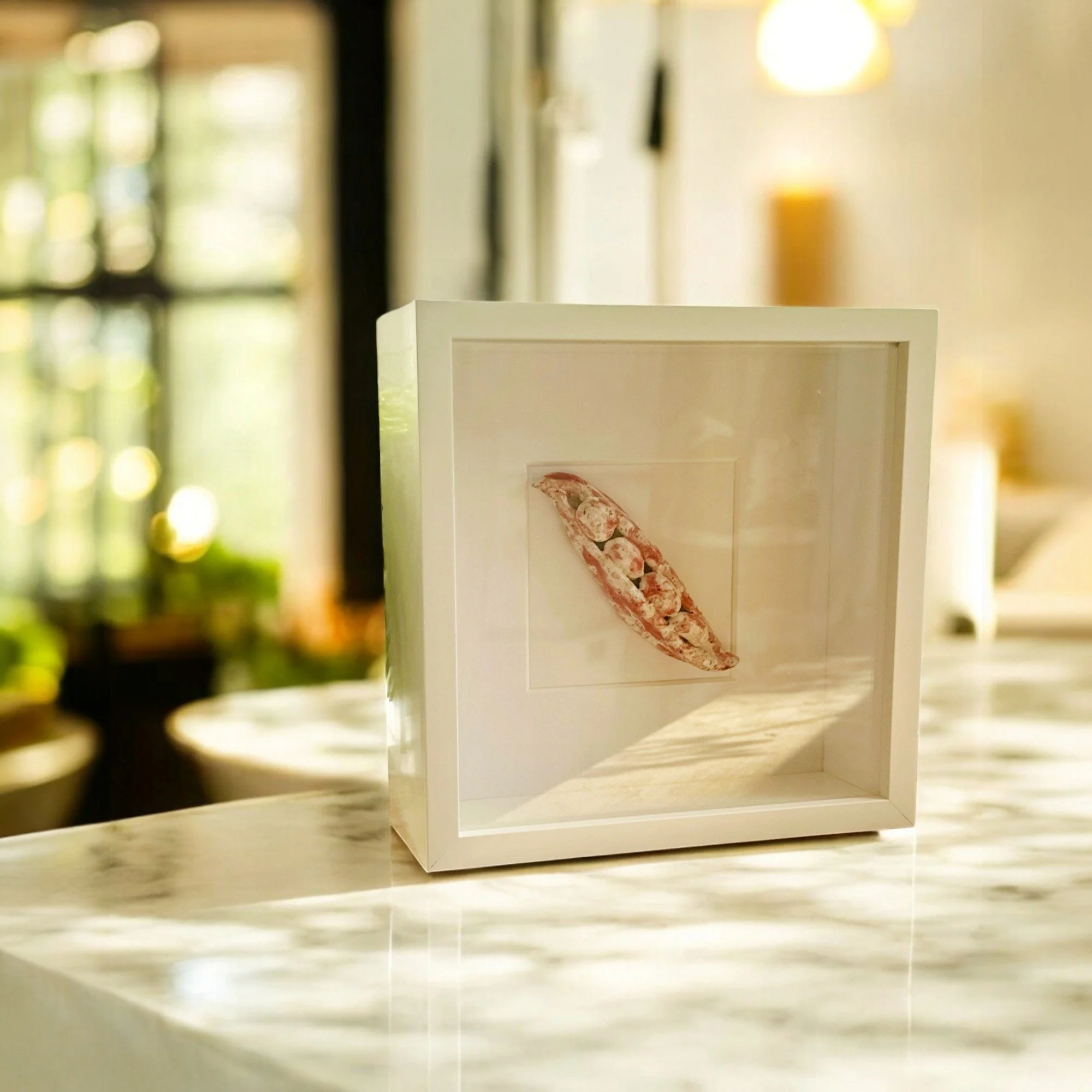 kitchen artwork - framed ceramic borlotti bean pod