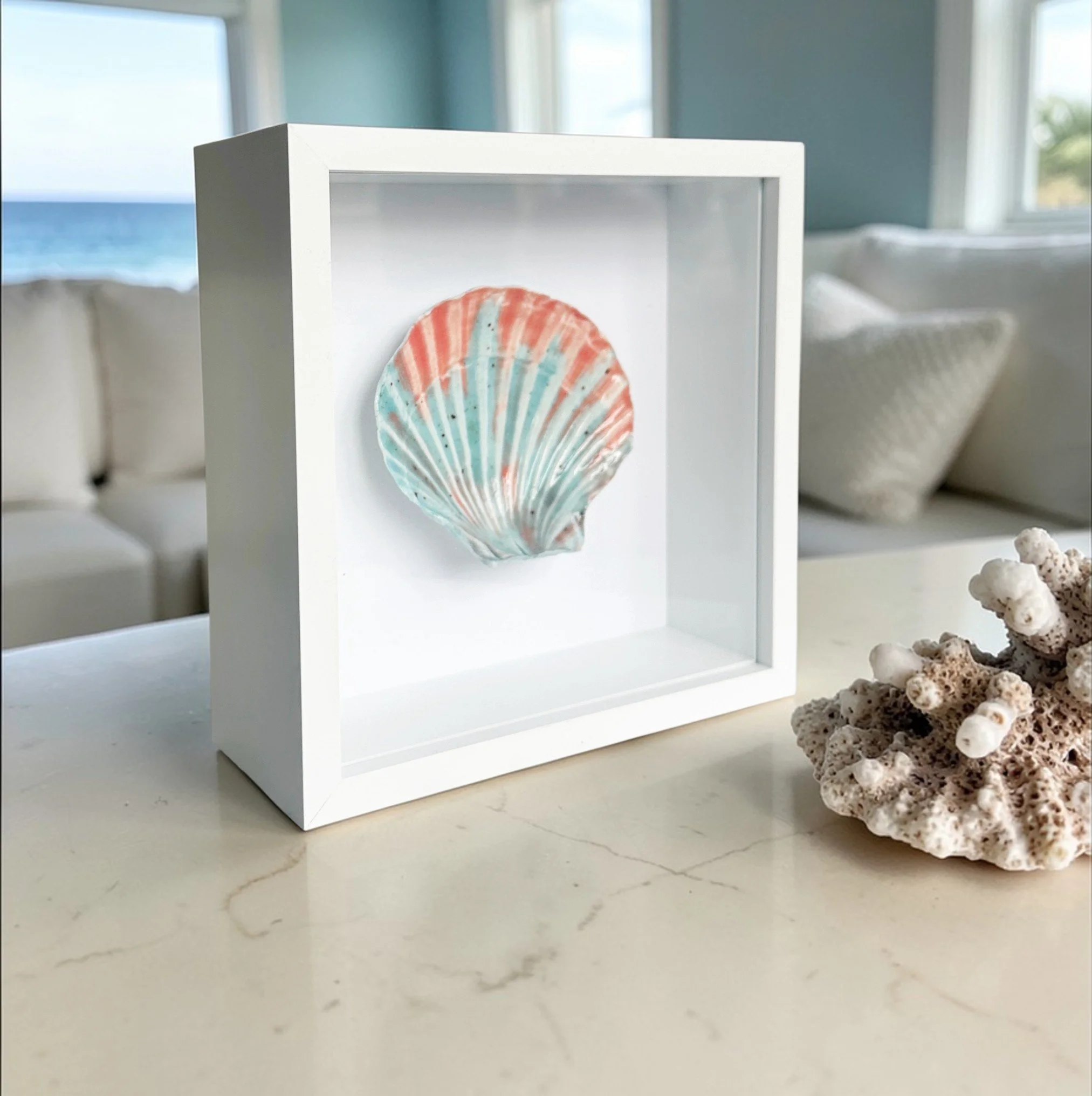 Beach Art – Handmade Porcelain Shell Art Framed Coastal Wall Art Inspired by the Sea