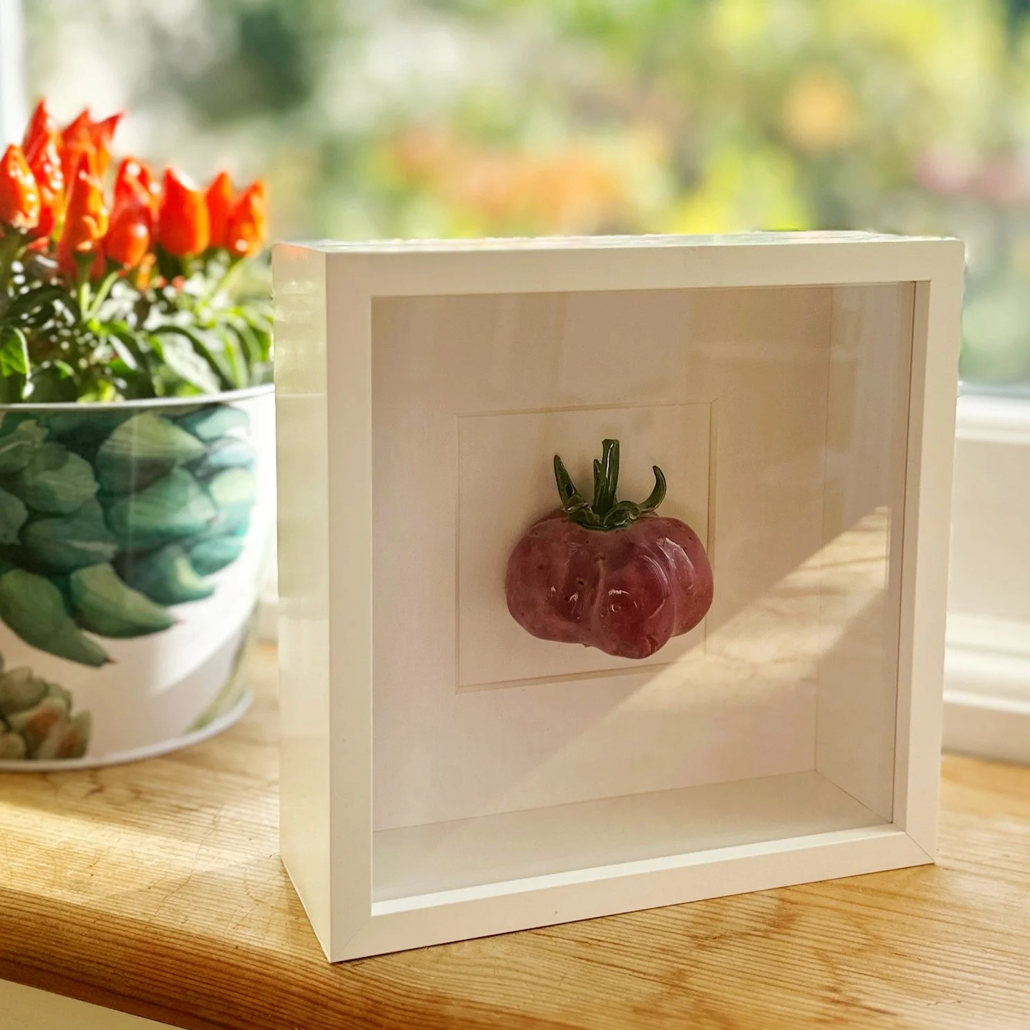 Ceramic purple tomato. Food artwork. Handmade ceramic vegetables for kitchen wall art.
