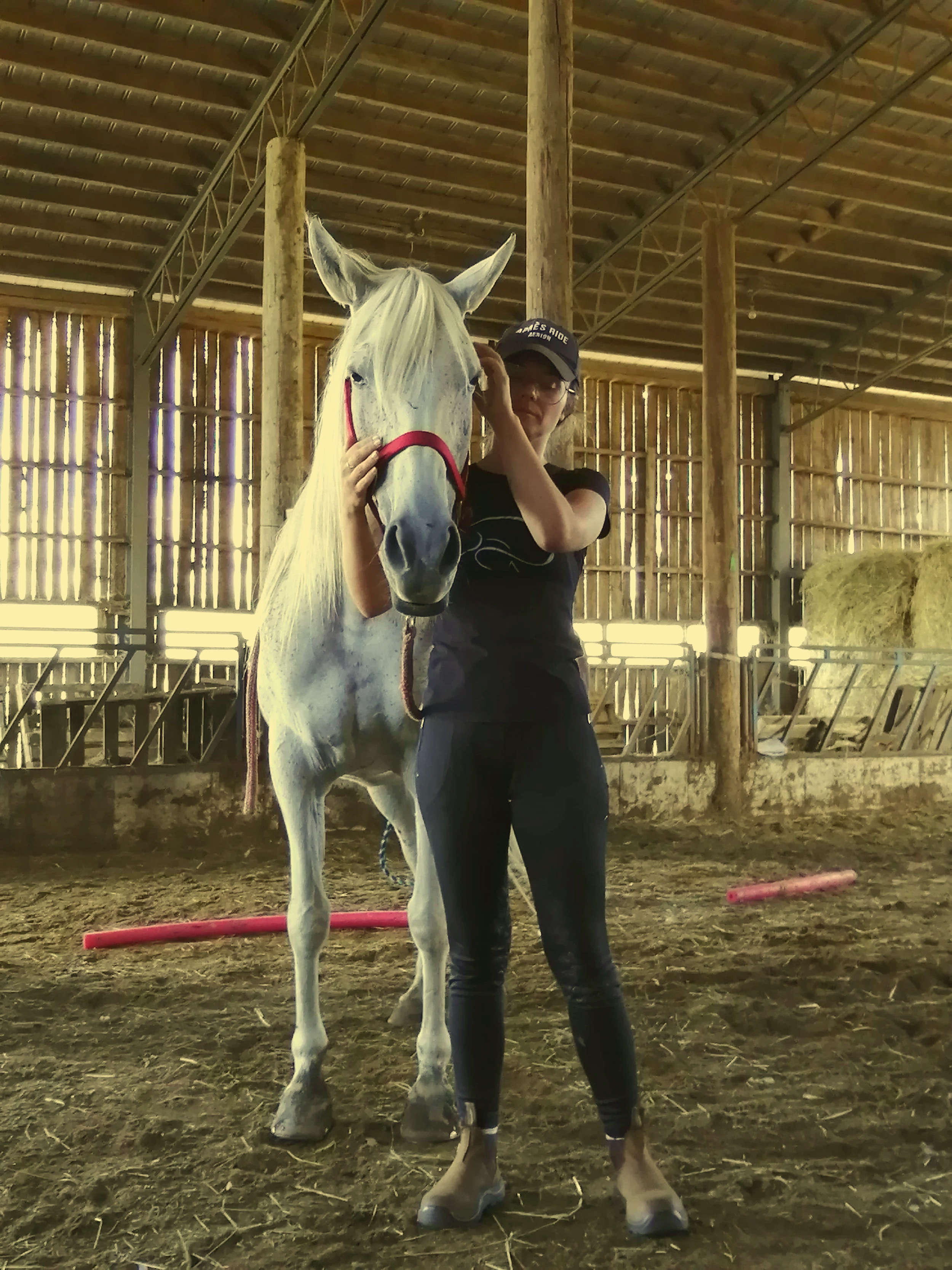 Une femme avec un casque et des bottes en caoutchouc se tient à côté d'un cheval blanc dans une écurie en bois.