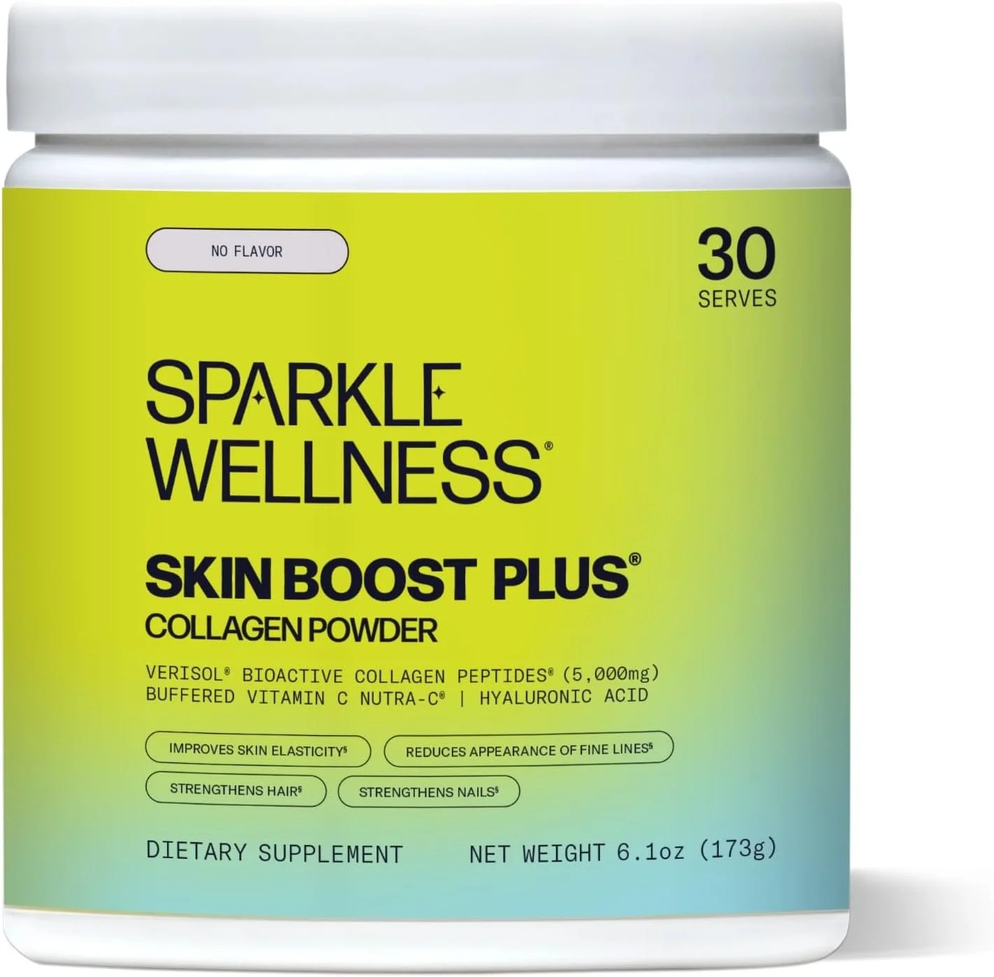 Container of Sparkle Wellness Skin Boost Plus collagen powder with a yellow and green label, showing it contains collagen peptides, vitamin C, and hyaluronic acid, and provides 30 servings.