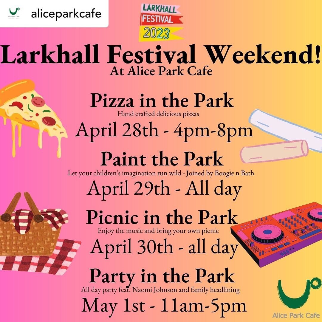 Posted @withregram &bull; @aliceparkcafe ❗Don't miss out! This weekend at Alice Park❗

A jam-packed weekend here at Alice Park Cafe with an event every day over the next 4 days straight. DJs playing all weekend long and then finishing Larkhall festiv