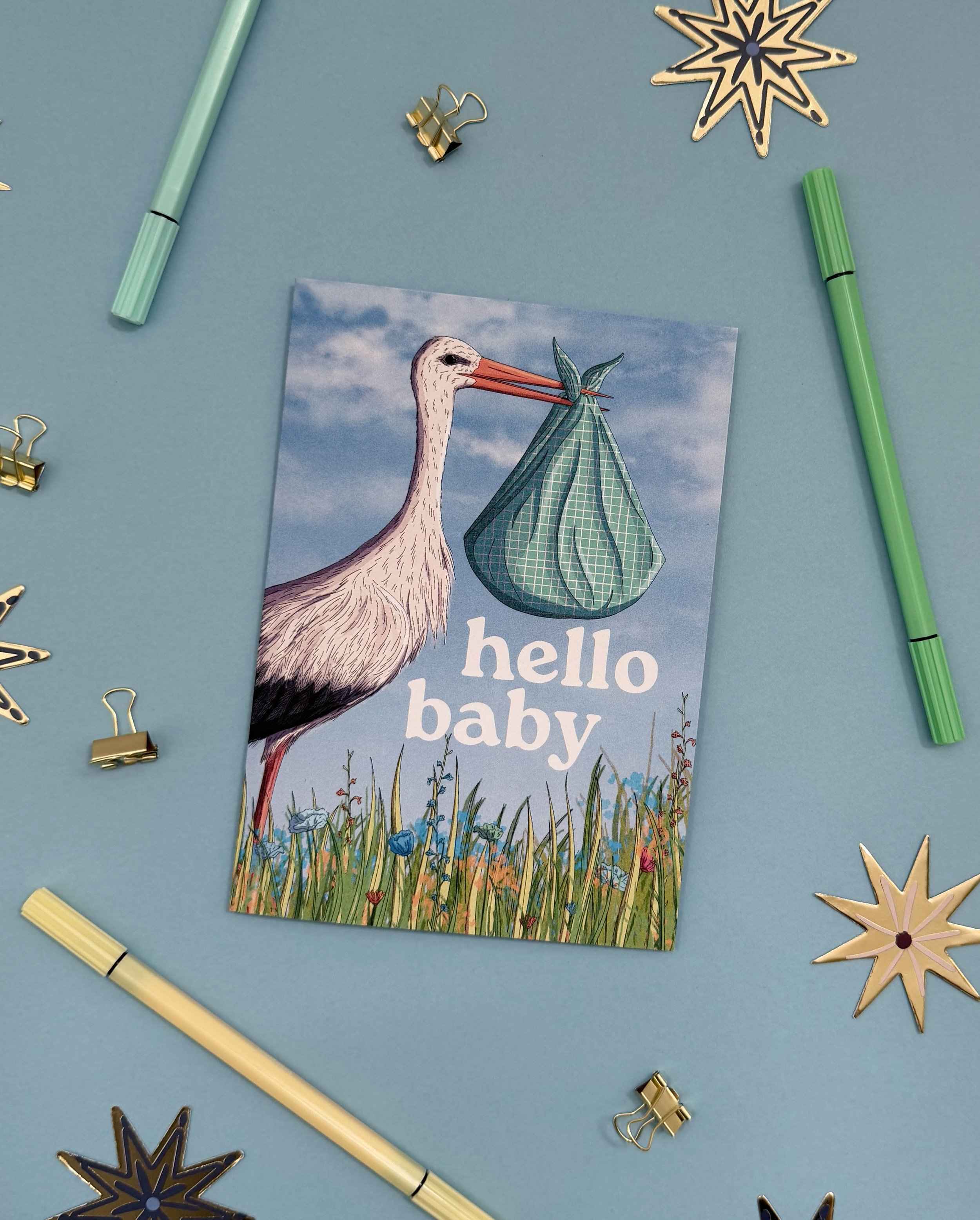 Hello baby - blue - Greetings Card