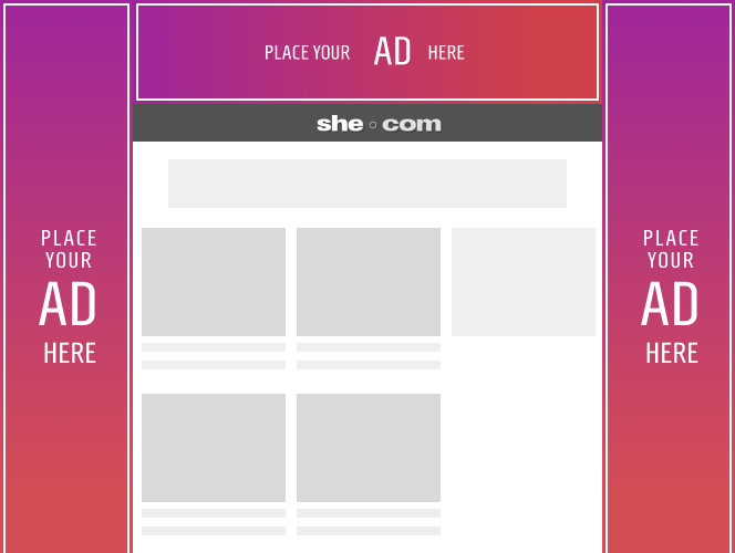 A website layout mockup with placeholders for ads on the top and sides, a header with 'she.com' logo, and content sections below.