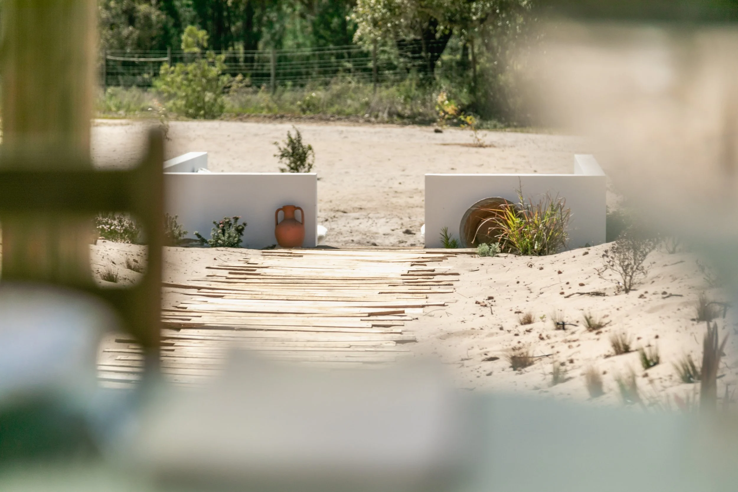 View of a sandy outdoor area with a wooden pathway leading to a white wall with potted plants and a clay urn, surrounded by sand and sparse vegetation, with a fence and trees in the background.