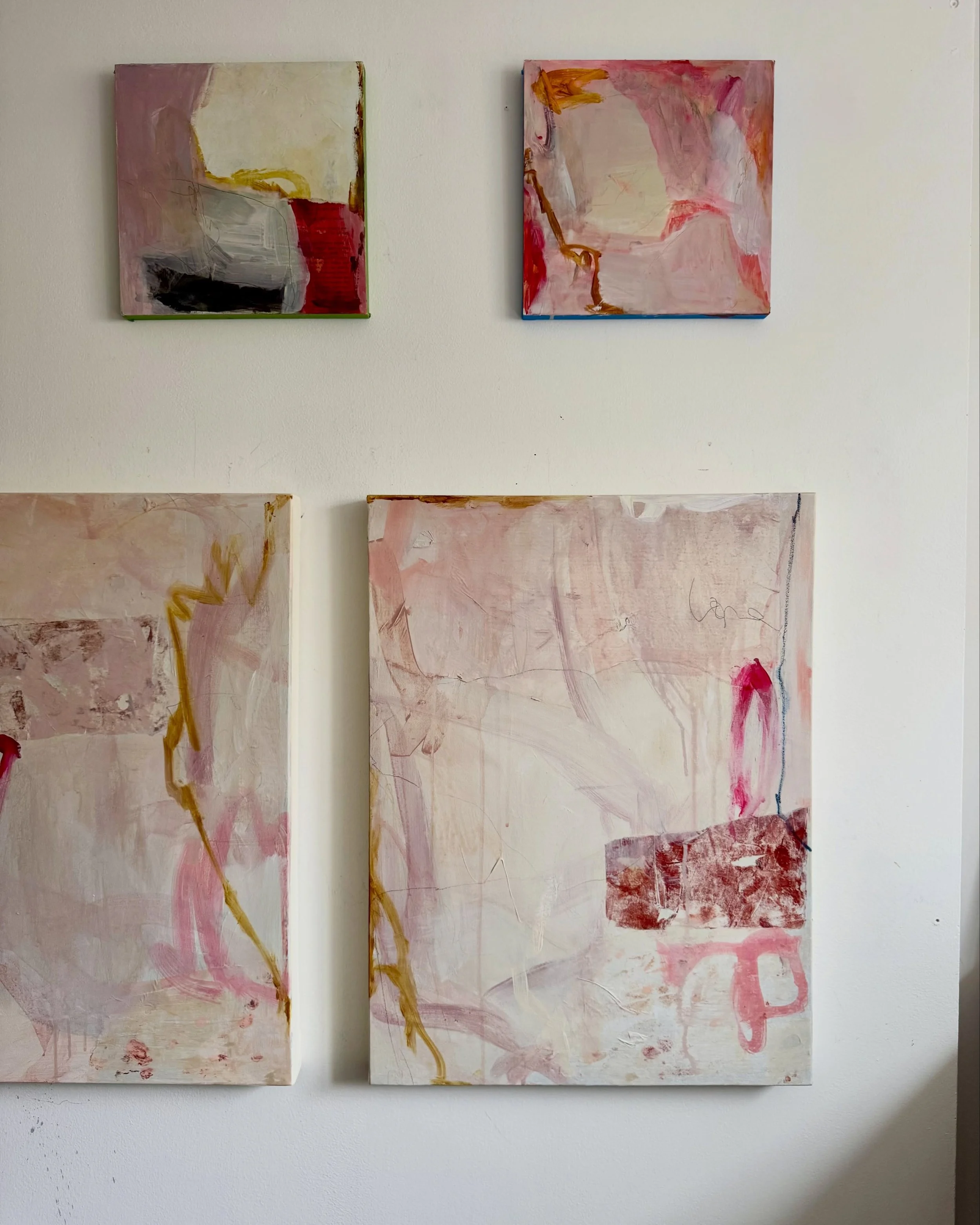 I&rsquo;ve been steadily showing up in the studio the past few months, building up a body of work, slowly, layer by layer. 

My current favorite paint color is Mars Violet, from which I&rsquo;ve been able to mix some great shades of pink, lavender-gr