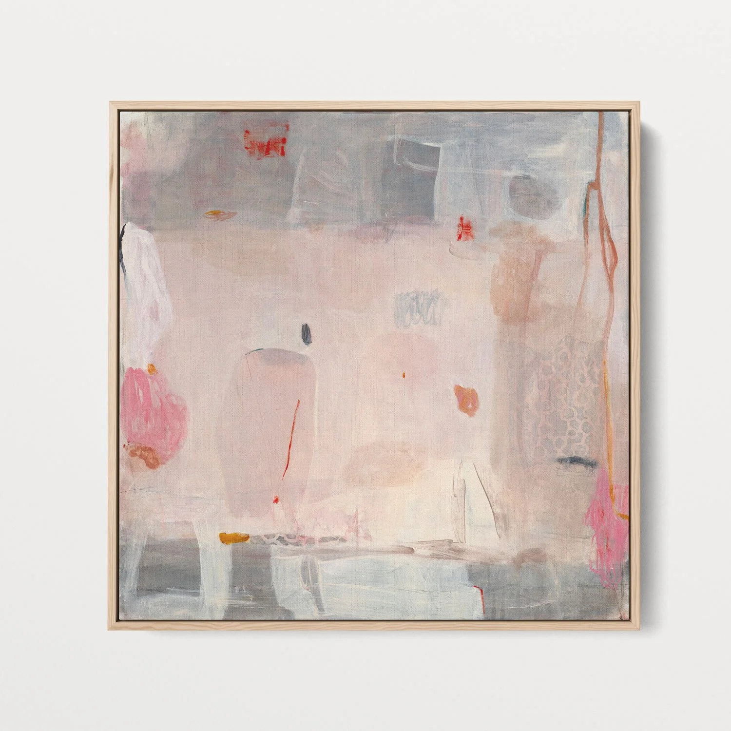 Abstract art print by Laurie Baars in shades of pink, gray, and ivory, shown in a maple float frame.