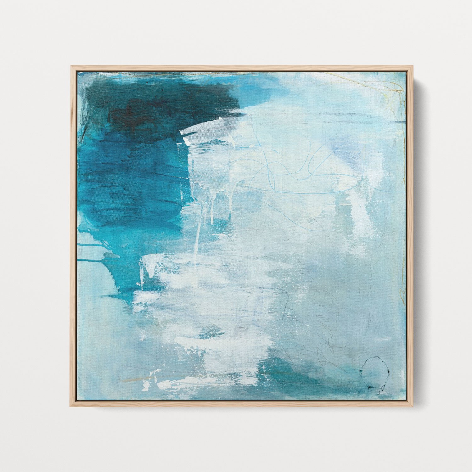 Abstract art print by Laurie Baars in shades of blue, shown in a natural wood float frame.