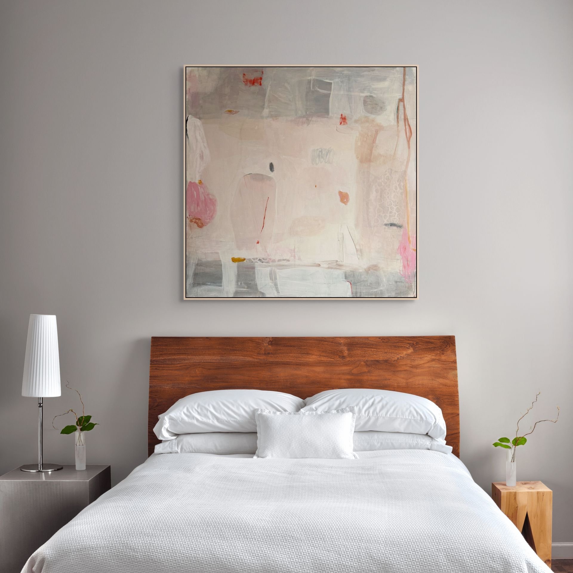 Pink, gray, and cream contemporary abstract art print by Laurie Baars adds an ethereal, calming touch to a minimalist bedroom.