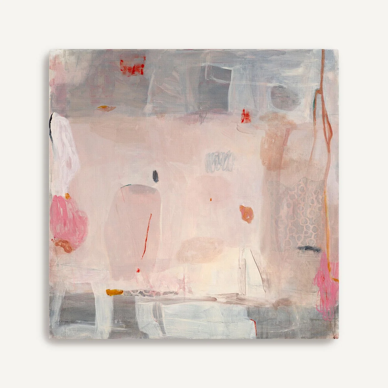 Pink, gray, and cream ethereal, abstract art print on canvas by Seattle artist Laurie Baars, shown stretched and unframed.