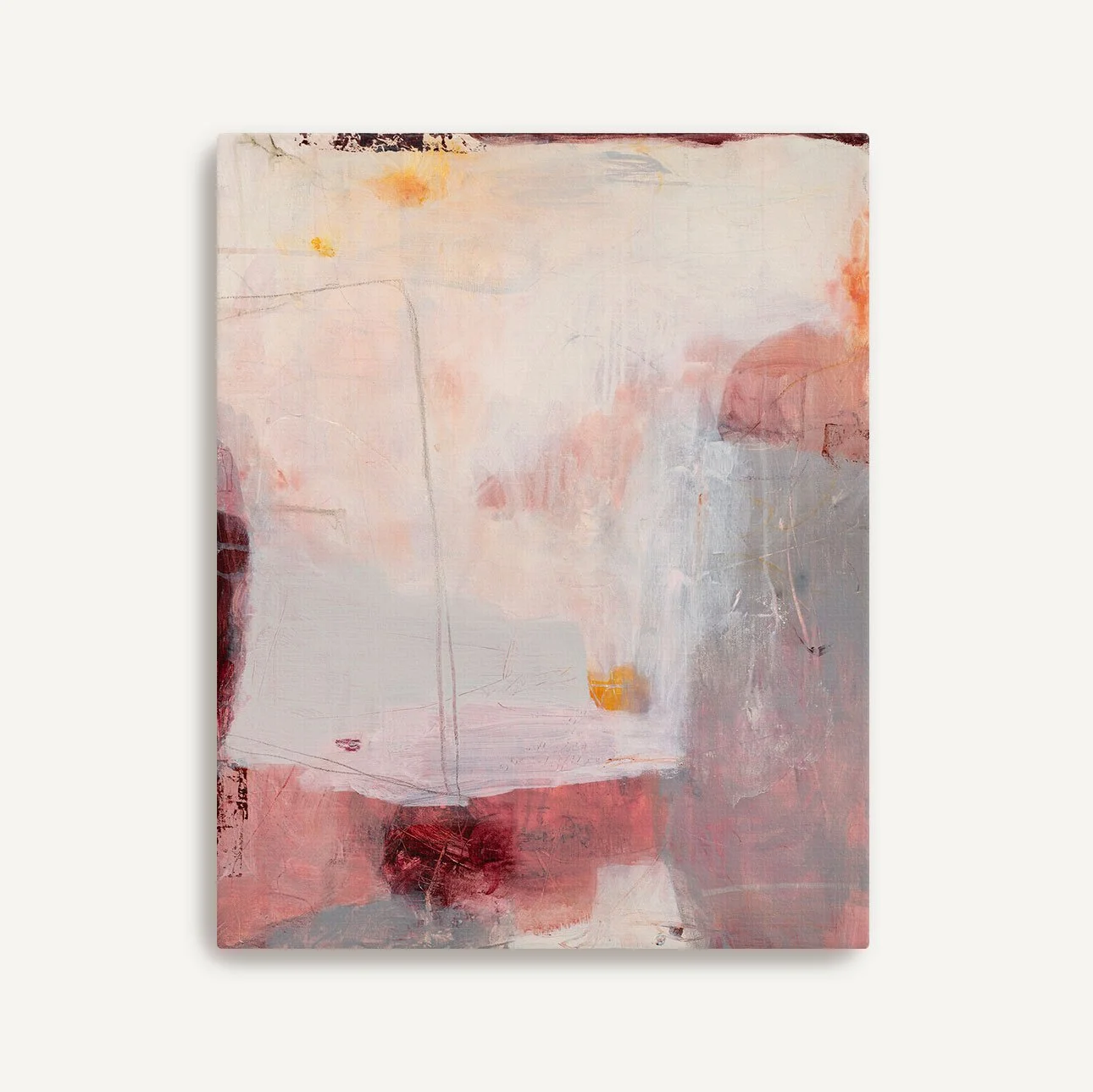 Pink, gray, and cream ethereal, abstract art print on canvas by Laurie Baars, shown stretched and unframed.