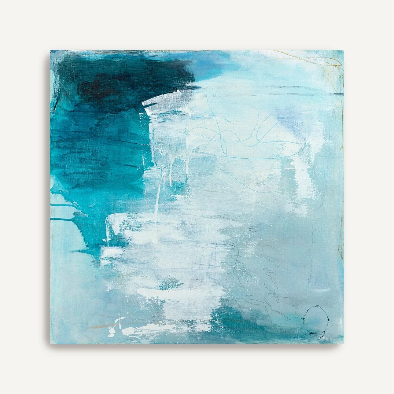 Turquoise, pale blue and white ethereal, abstract art print on canvas by Laurie Baars, shown stretched and unframed.