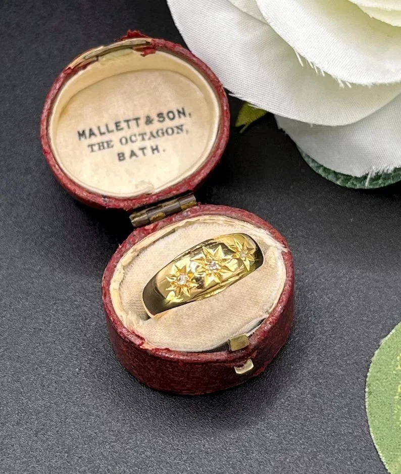 Antique 18ct Yellow Gold, Star Set Diamond Three Stone Gypsy Band Ring, Circa 1900