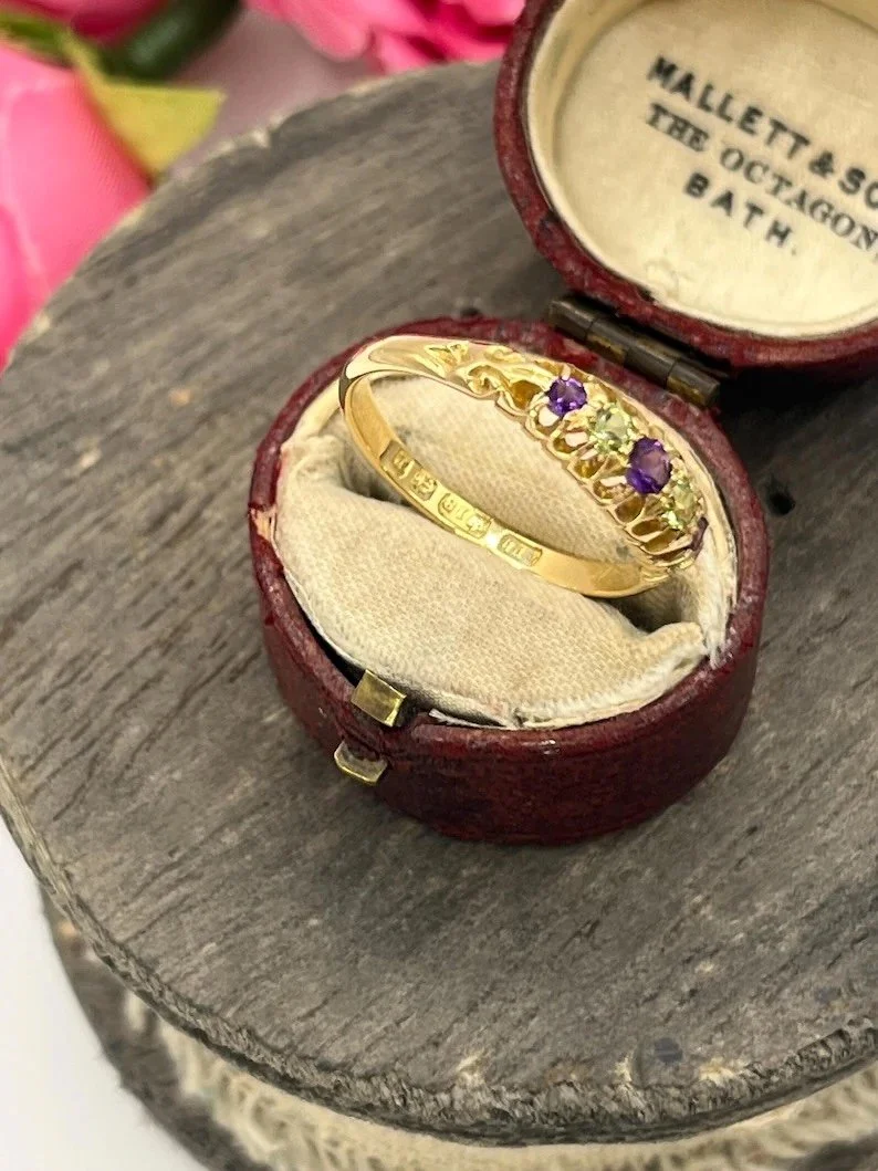 Antique 18ct Yellow Gold, Victorian Gypsy Ring, Set with Amethyst & Peridot Gemstones, Hallmarked Birmingham 1898