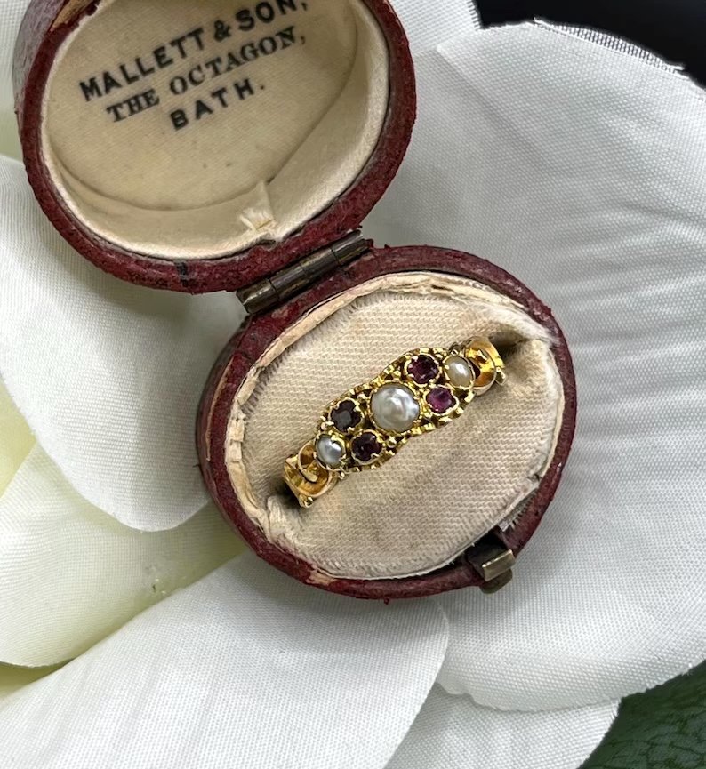 Antique 15ct Yellow Gold, Victorian Almandine Garnet & Pearl Ring, Circa 1860