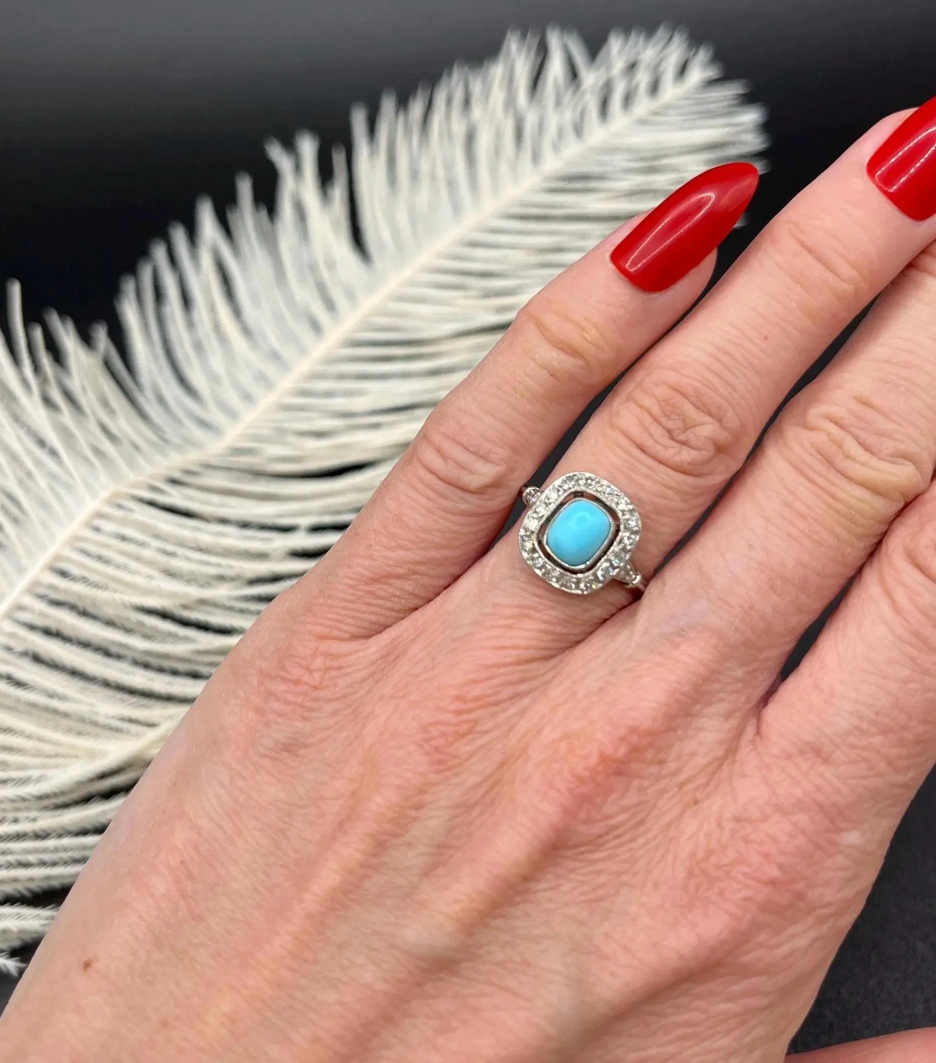 Vintage Art Deco Style Platinum Turquoise & Diamond Ring