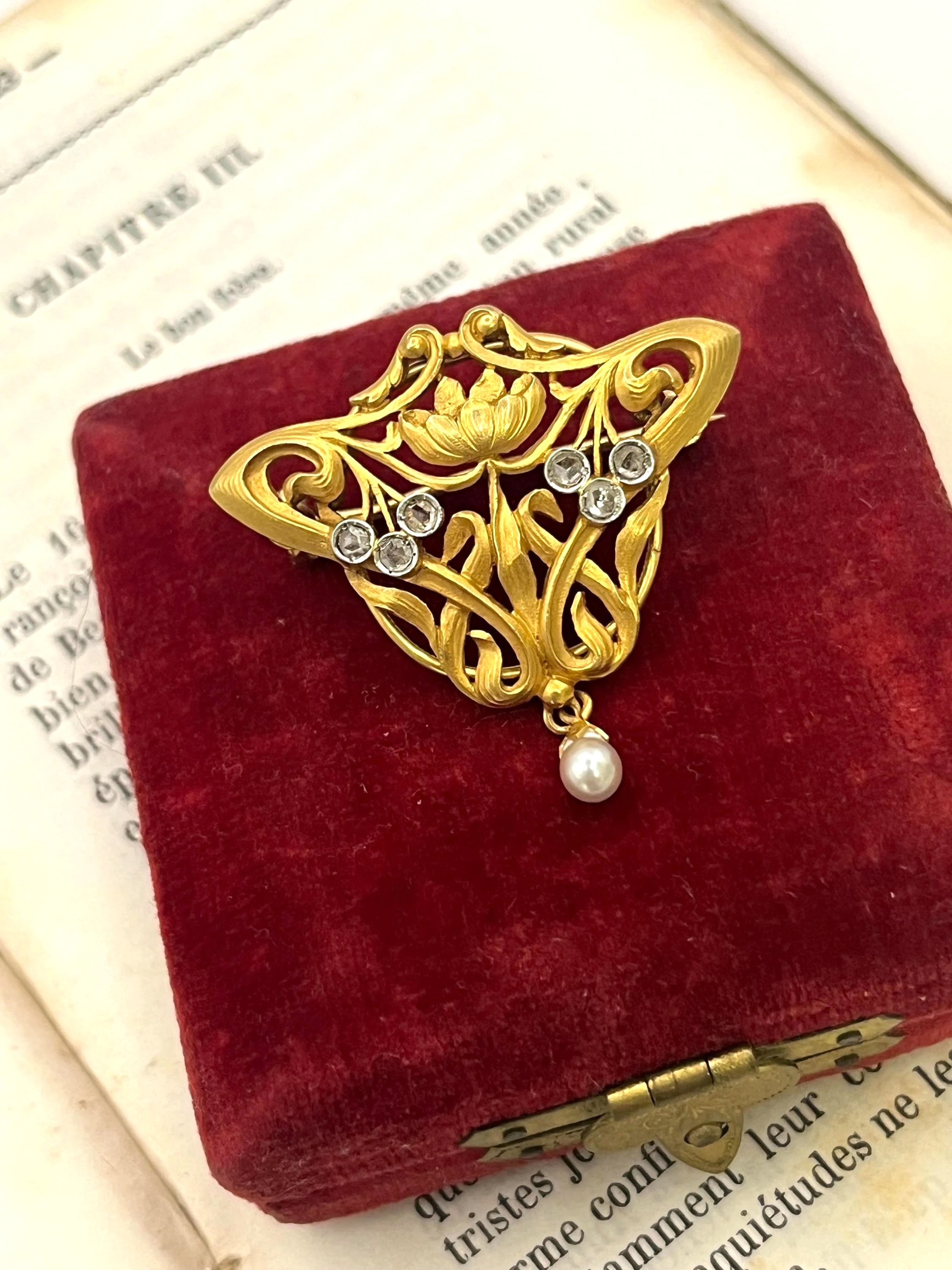 Antique Art Nouveau French 18ct Yellow Gold, Diamond and Pearl Brooch