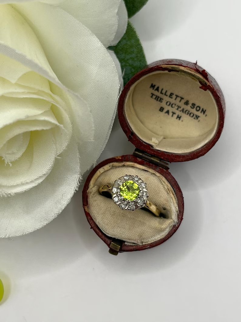 Vintage 18ct Gold, Peridot and Diamond Cluster Ring, Hallmarked London 1984