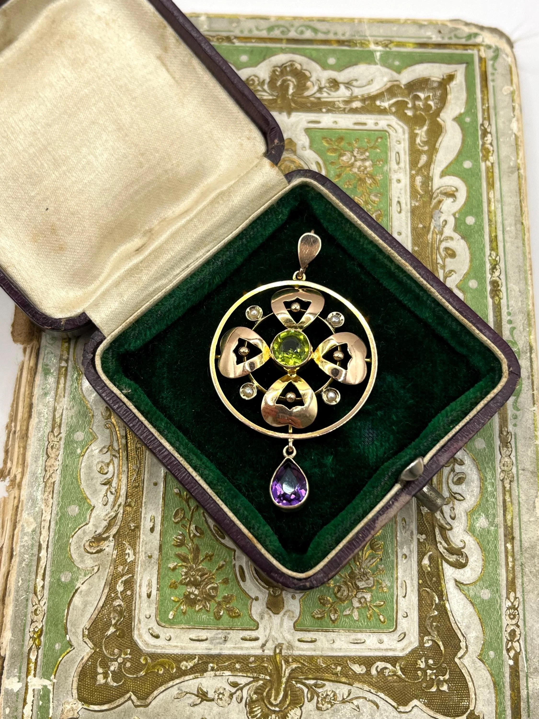 Antique 9ct Gold, Edwardian-era Suffragette Pendant set with Amethyst, Peridot & Seed Pearls