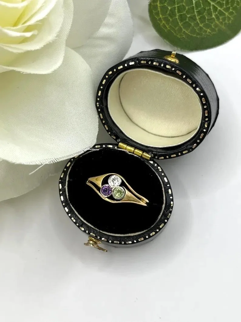 Antique 18ct Gold, Amethyst Diamond and Peridot Suffragette Ring, Circa 1910