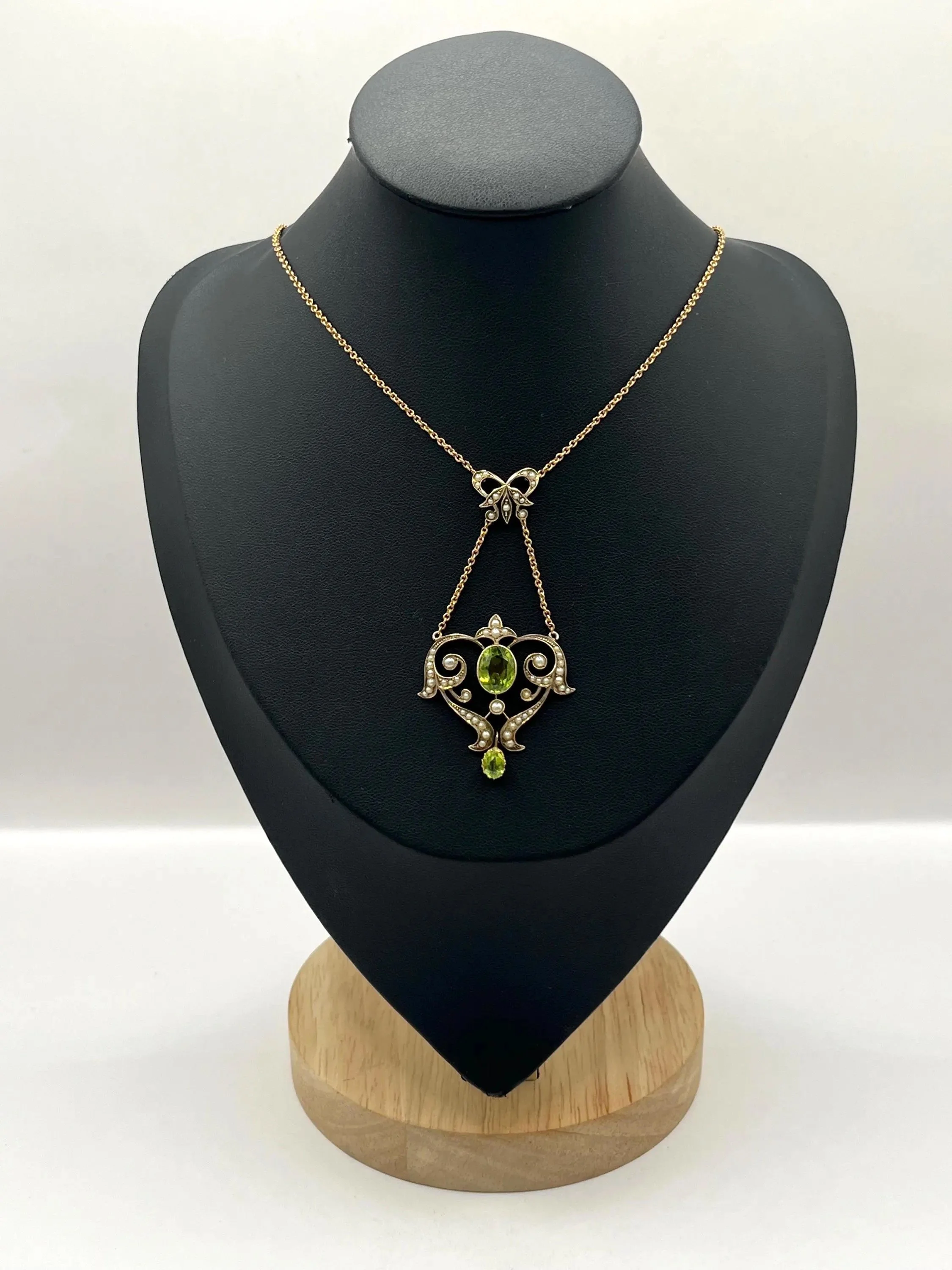 Antique 9ct Gold, Peridot & Pearl Pendant Necklace, Circa 1900