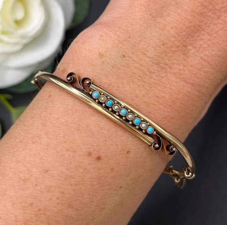 Antique Edwardian 9ct Gold Turquoise and Seed Pearl Bangle, Circa 1900